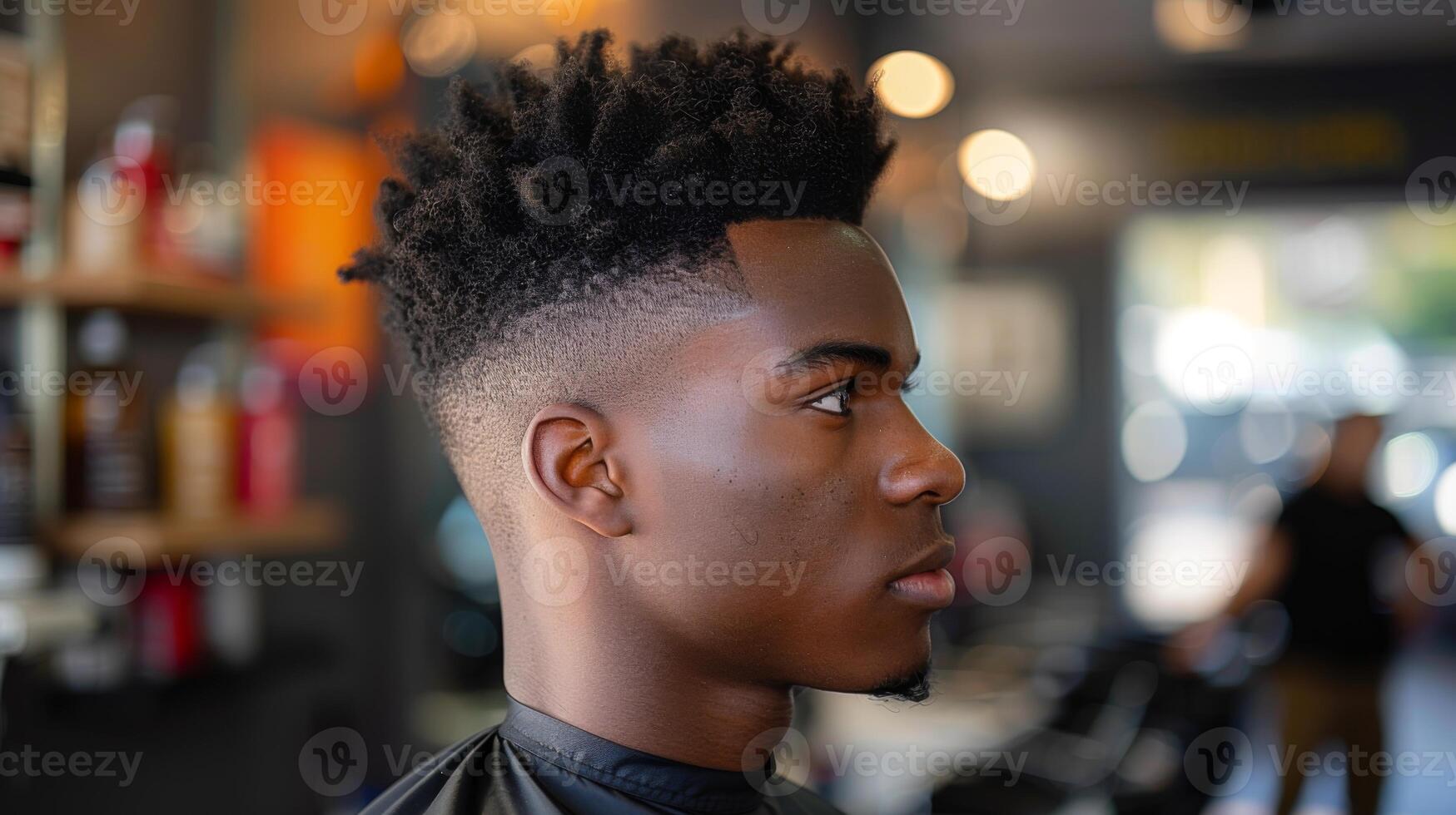 A young man with a fresh haircut sits calmly in a trendy barbershop. The interior features modern decor with blurred figures of barbers and clients in the background. photo