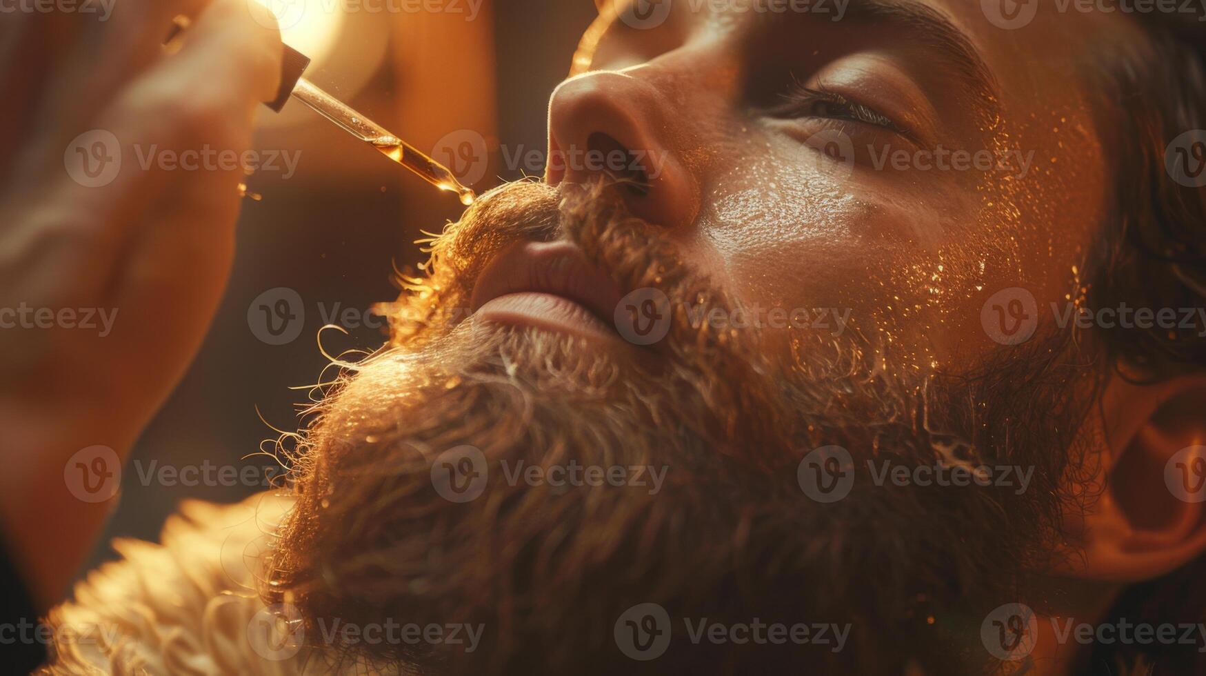 A man applies beard oil to his facial hair with focused concentration in a warm, inviting setting that emphasizes personal grooming and self care rituals. photo