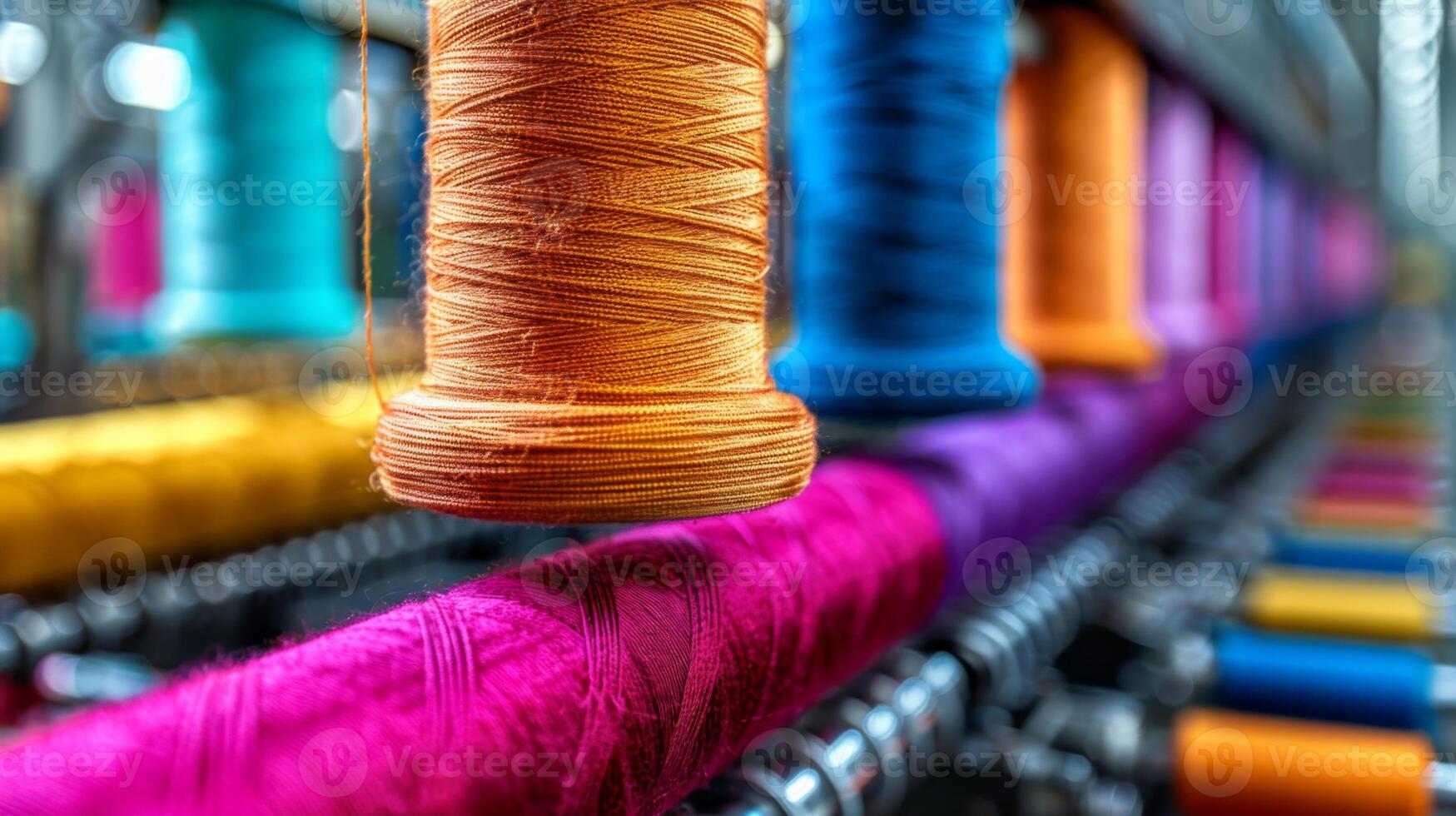 Brightly colored spools of thread dangle from a textile machine, showcasing a vibrant selection of hues in a busy fabric factory during the early morning. photo