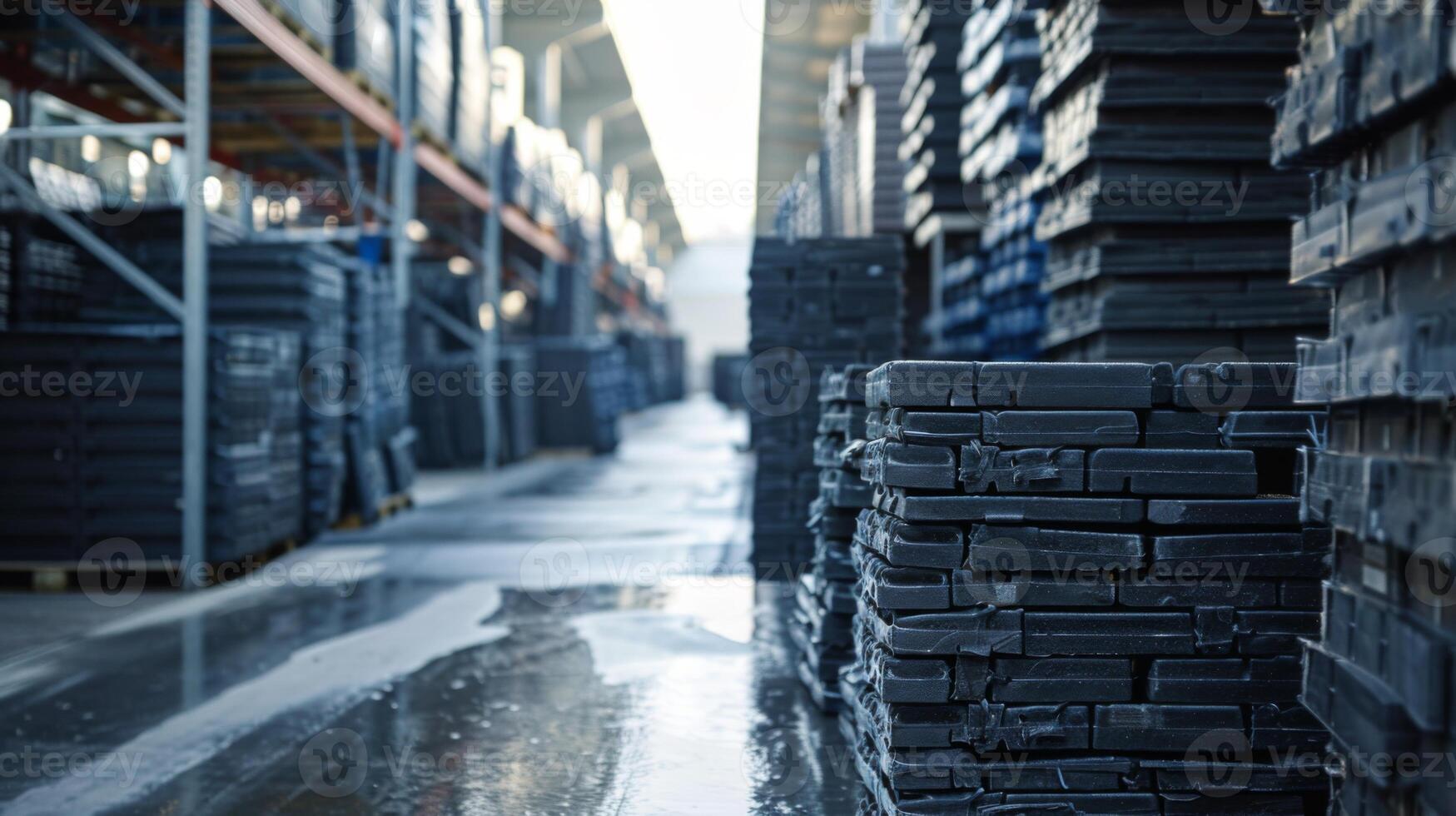 Pallets made of durable material are arranged in rows within a spacious warehouse, illuminated by natural light streaming through large windows, highlighting the efficient storage setup. photo