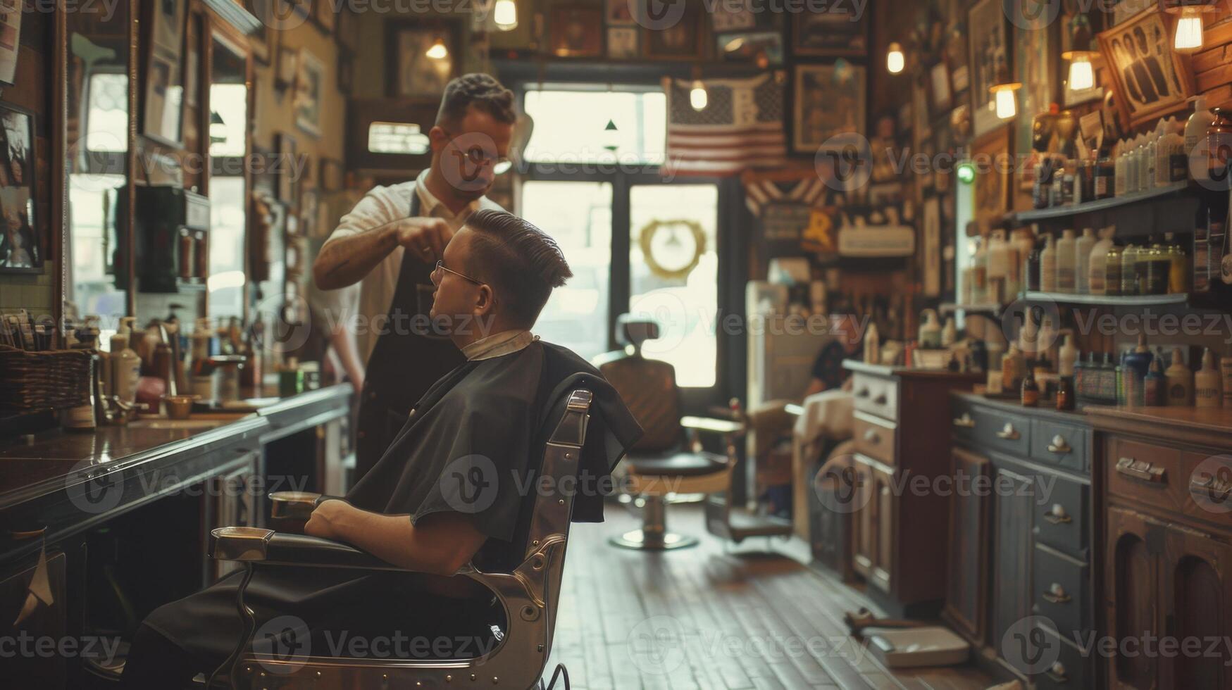 A barber is carefully styling a client's hair in a cozy, vintage barbershop filled with rustic decor and warm lighting, creating a relaxed atmosphere for patrons. photo