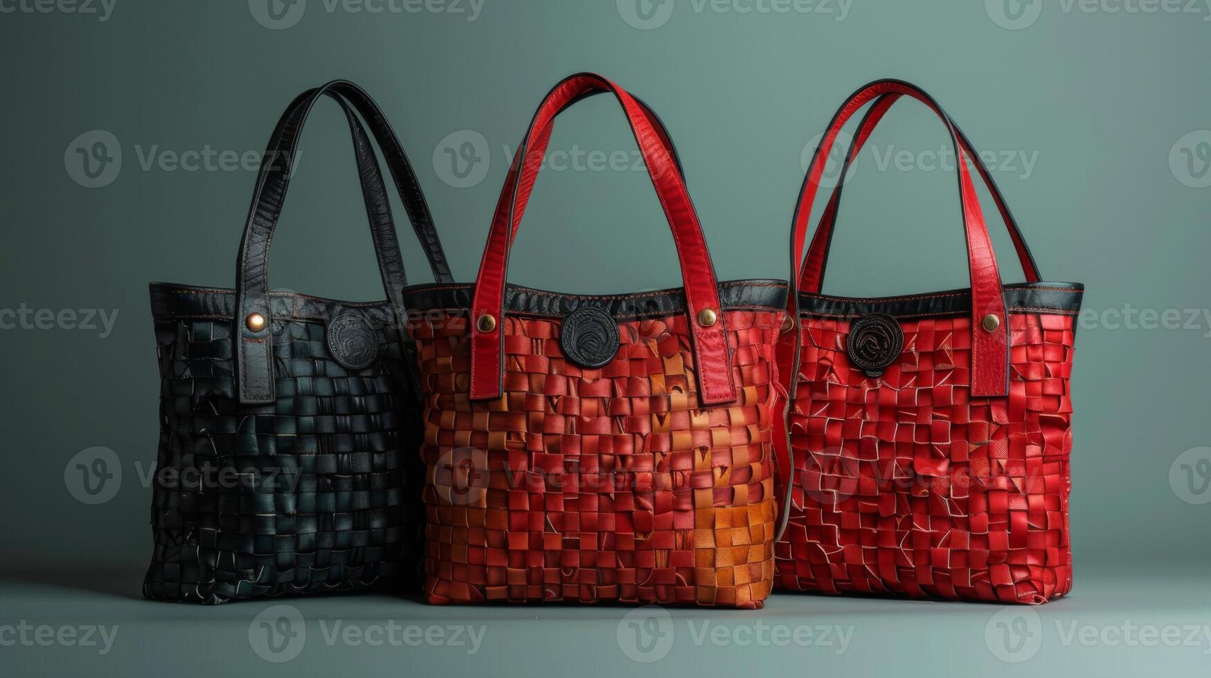 Three stylish handbags in black, orange, and red hues are arranged on a neutral background, highlighting their intricate woven patterns and craftsmanship. photo