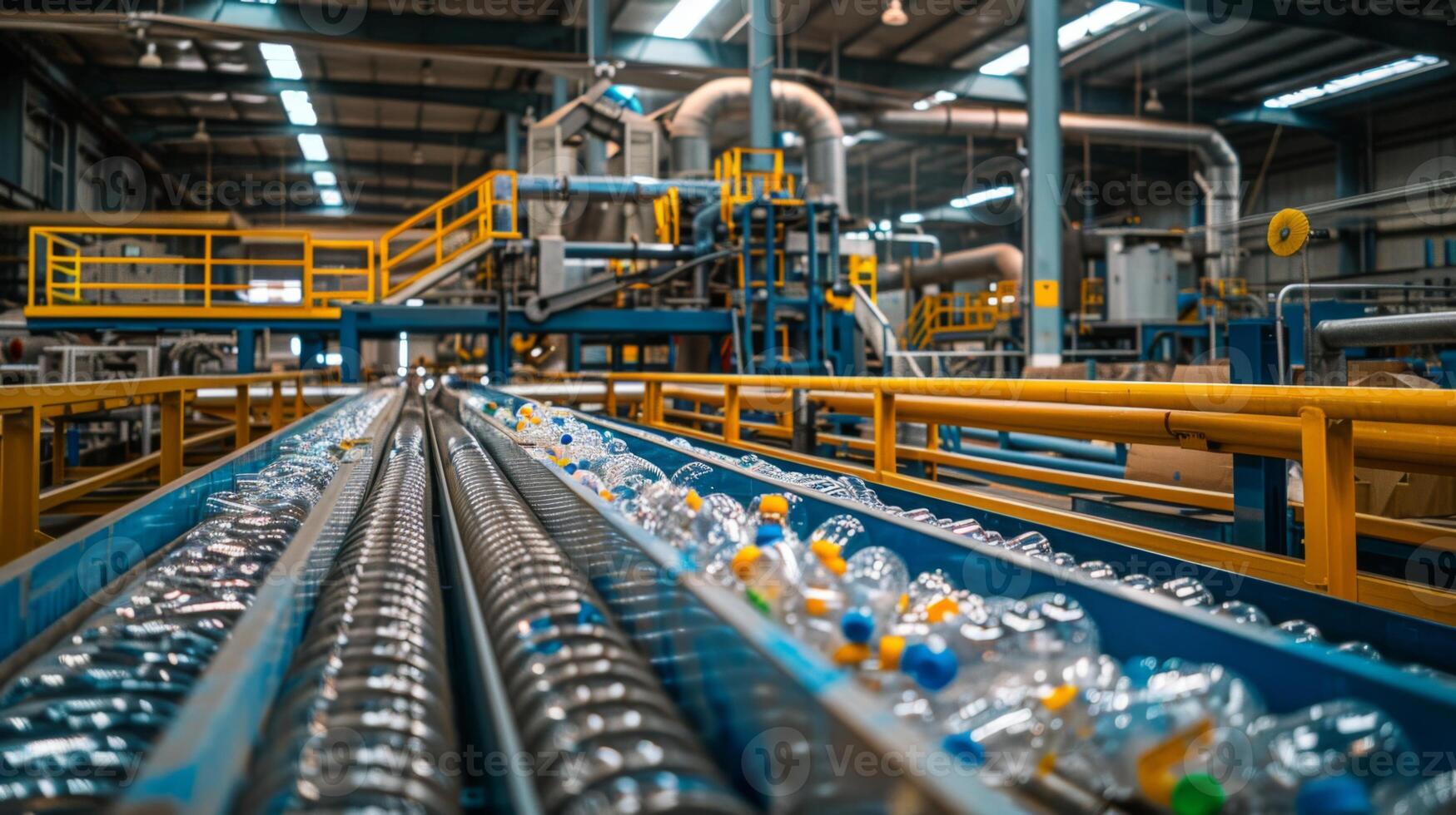 A modern recycling facility operates efficiently as plastic bottles move along a conveyor belt, showcasing the industrial process of recycling in an organized environment. photo