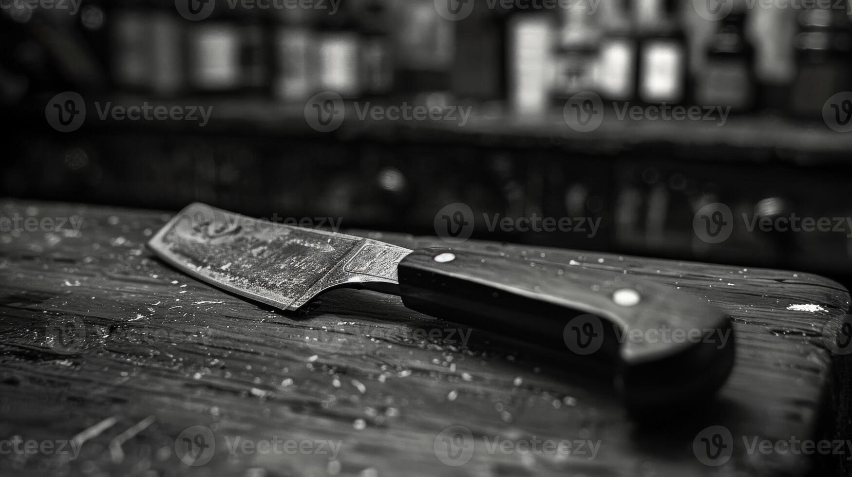 A sturdy metal knife lays on a worn wooden table surrounded by blurred bottles in a rustic kitchen, suggesting the preparation of a meal in the evening. photo