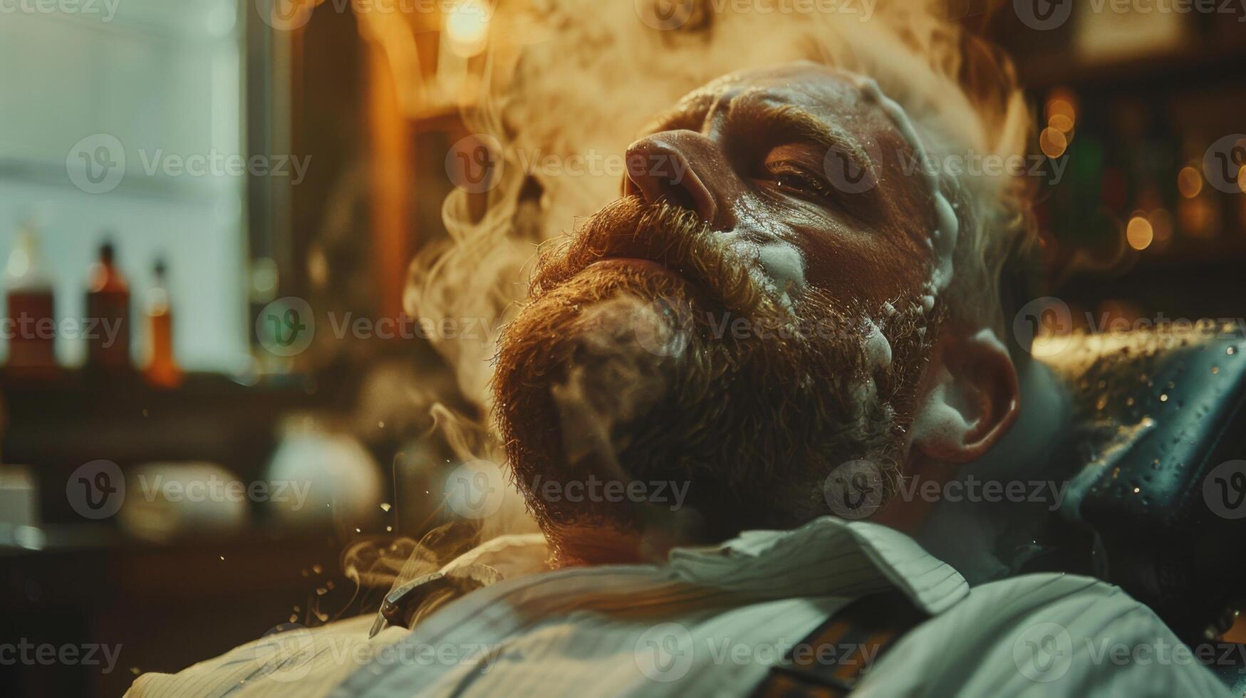 A man with a thick beard enjoys a soothing hot towel shave while reclining in a vintage barber chair, surrounded by soft lighting and rustic decor in a barber shop. photo