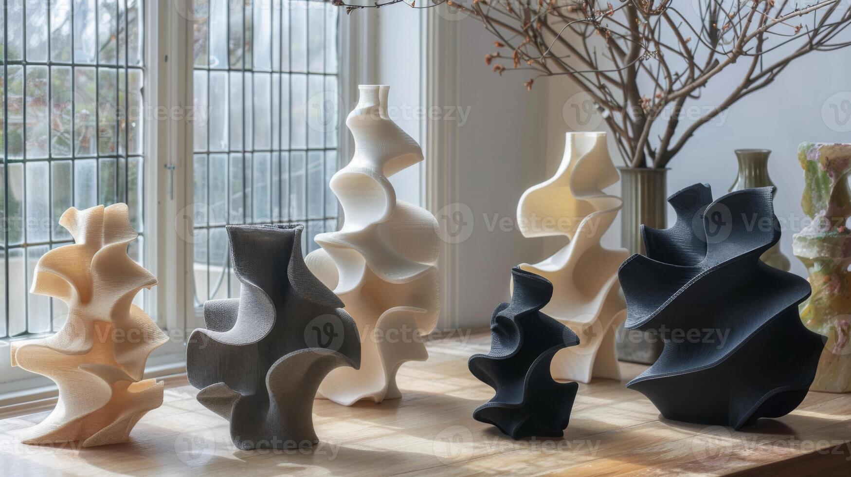 Five sculptural vases in various shapes and colors are arranged on a light wooden table. Natural light floods in from the large window, highlighting their unique forms and details. photo