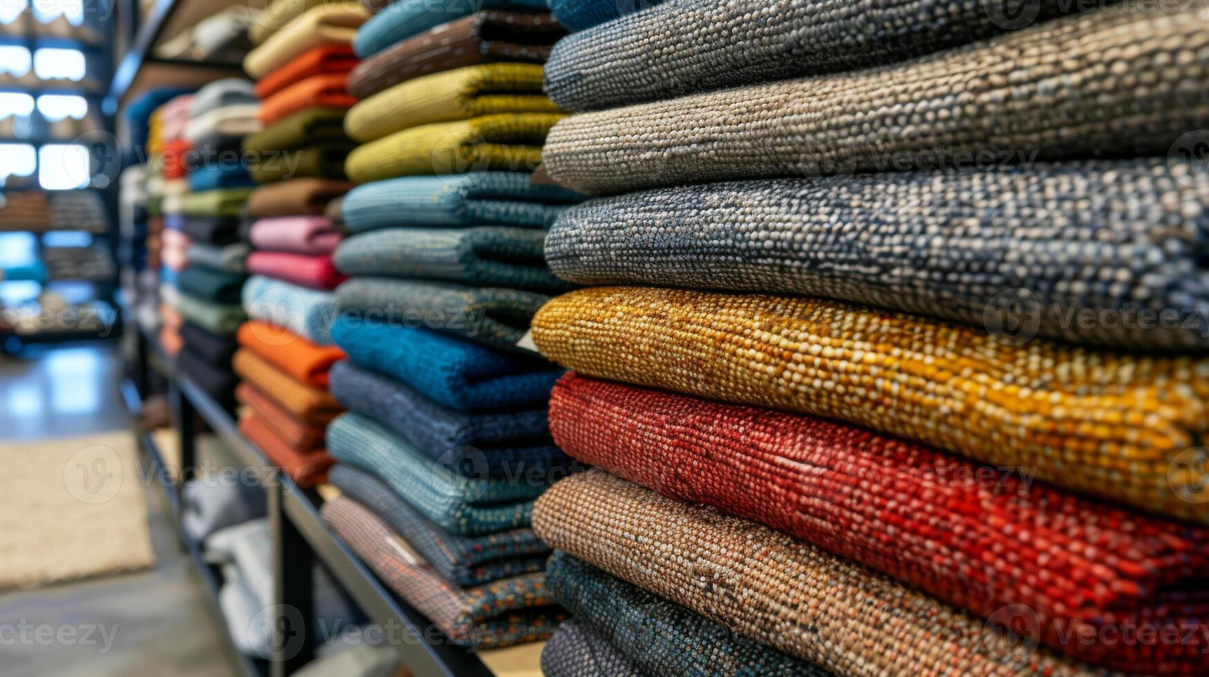 A vibrant array of folded textiles neatly arranged on shelves showcases various colors and textures, highlighting craftsmanship in a contemporary retail environment. photo