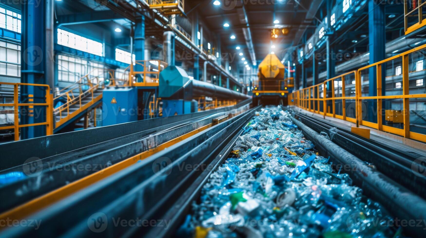 Plastic waste is moving on a conveyor belt in a large recycling facility filled with industrial machinery and ample natural light, illustrating the sorting process of recyclables. photo