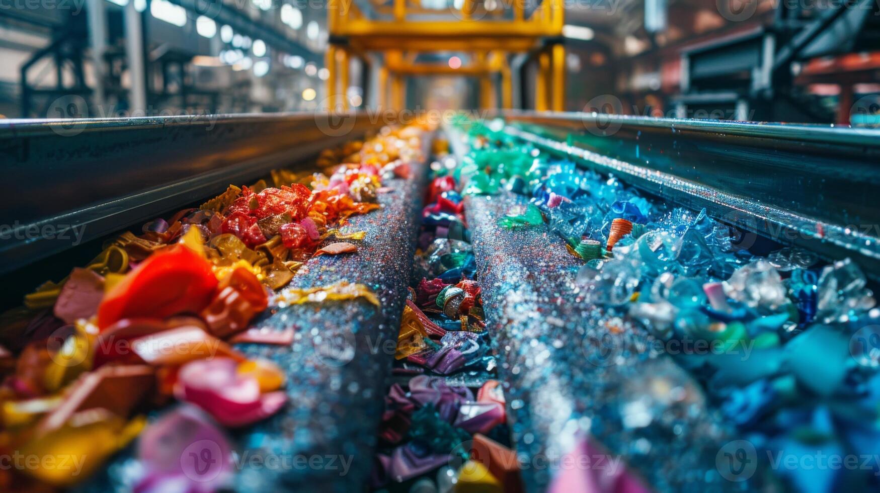 Colorful pieces of plastic waste travel on a conveyor belt in a recycling facility, where they are sorted for reprocessing and recycling during bright daylight. photo