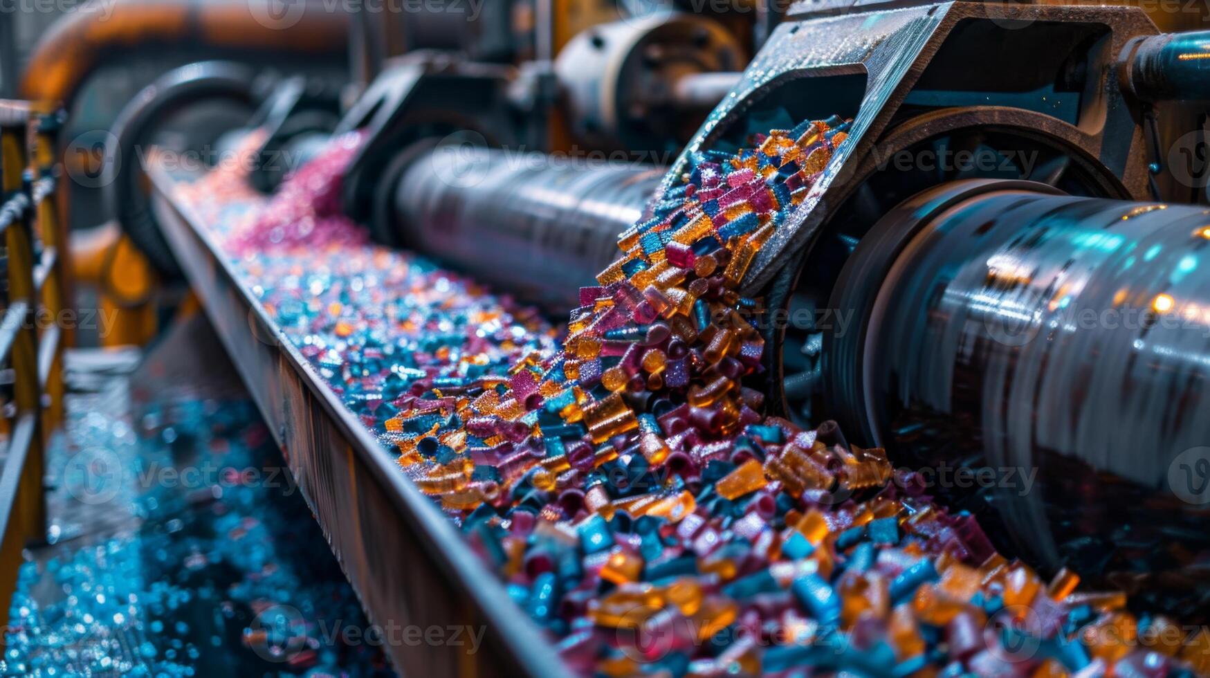 Vibrant candies spill from a conveyor system in a busy manufacturing plant, showcasing the candy making process during the midday hours with bright colors. photo