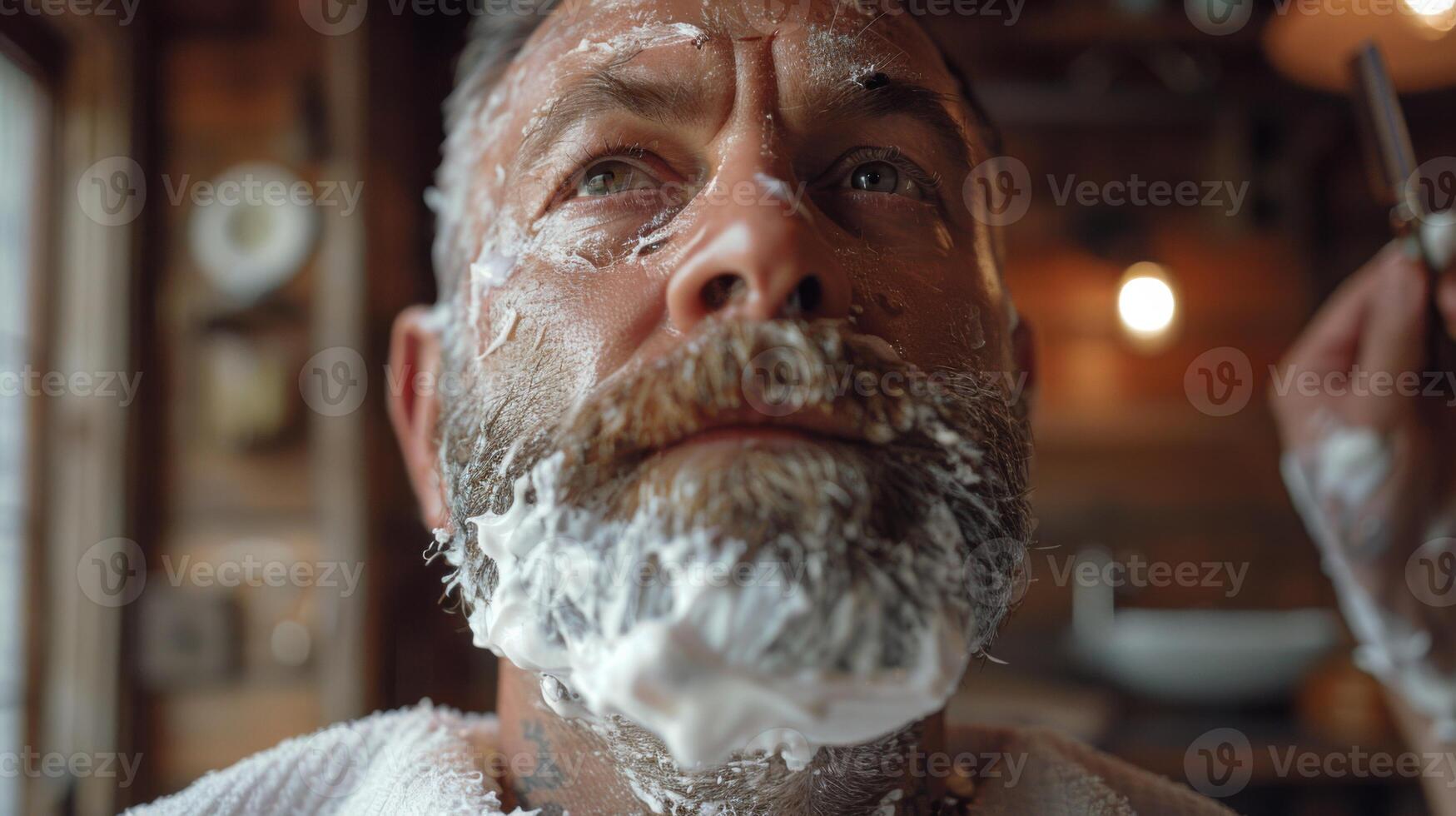 A man sits relaxed in a warm, inviting barbershop while receiving a close shave and beard trim, foam covering his facial hair as he enjoys the grooming experience. photo