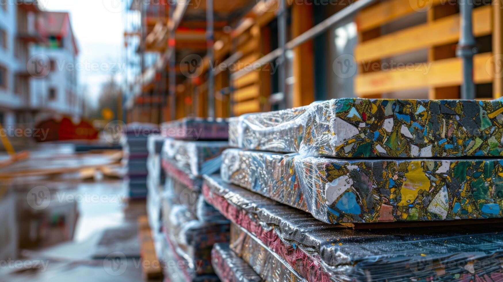 Construction workers prepare the site with stacks of vibrant materials covered in plastic wrap, highlighting the ongoing development in a bustling urban environment. photo