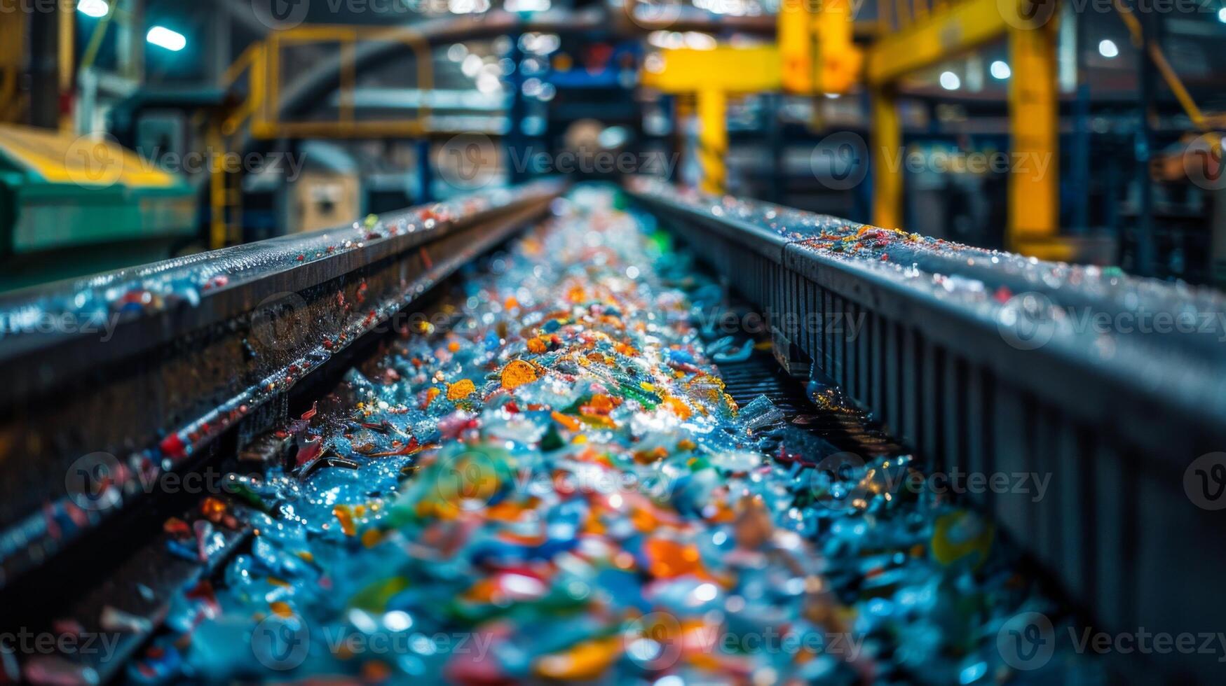 Colorful bits of plastic waste cascade along a conveyor belt in a processing facility during daylight hours, highlighting the importance of recycling efforts in managing waste. photo