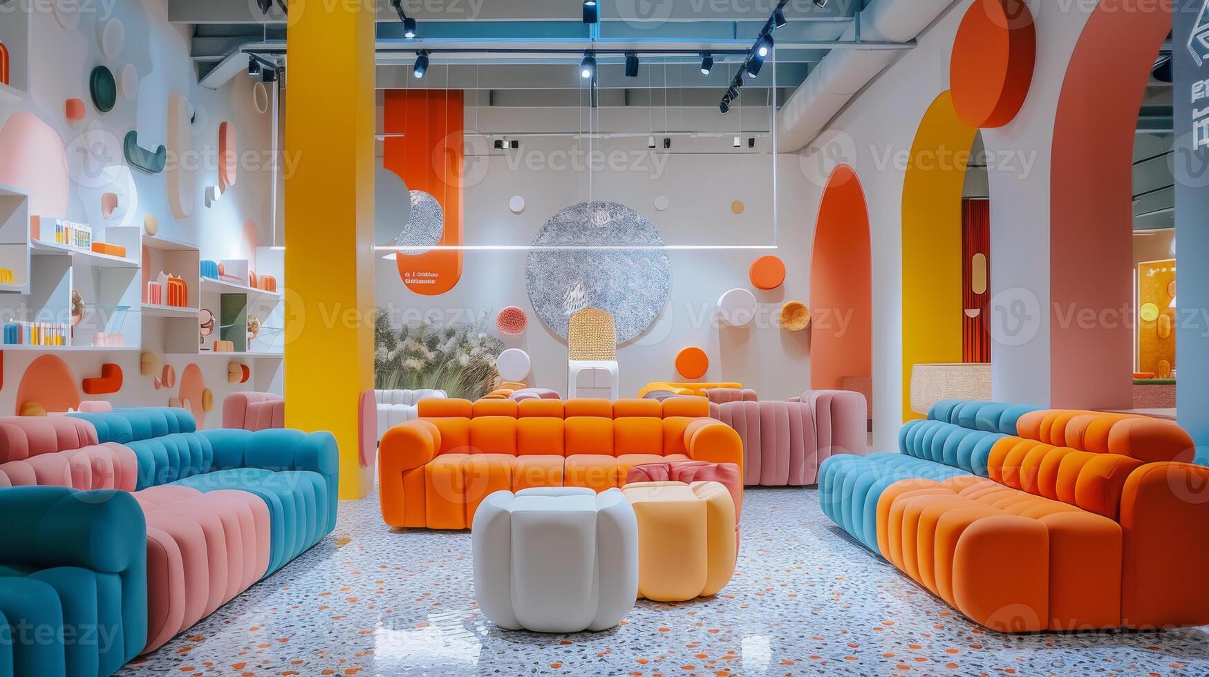 A stylish lounge features bold colors and quirky furniture pieces. The space is adorned with artistic wall elements and offers a cheerful ambiance for relaxation and socializing. photo