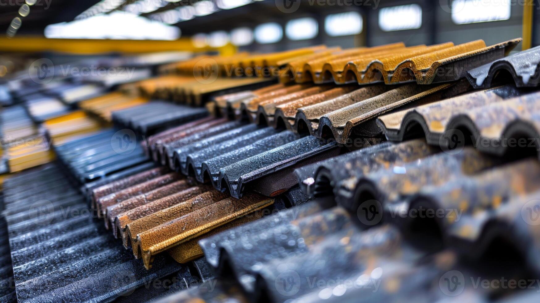 Rows of roofing materials in diverse colors and textures are arranged neatly in a spacious warehouse, demonstrating the variety available for construction projects. photo