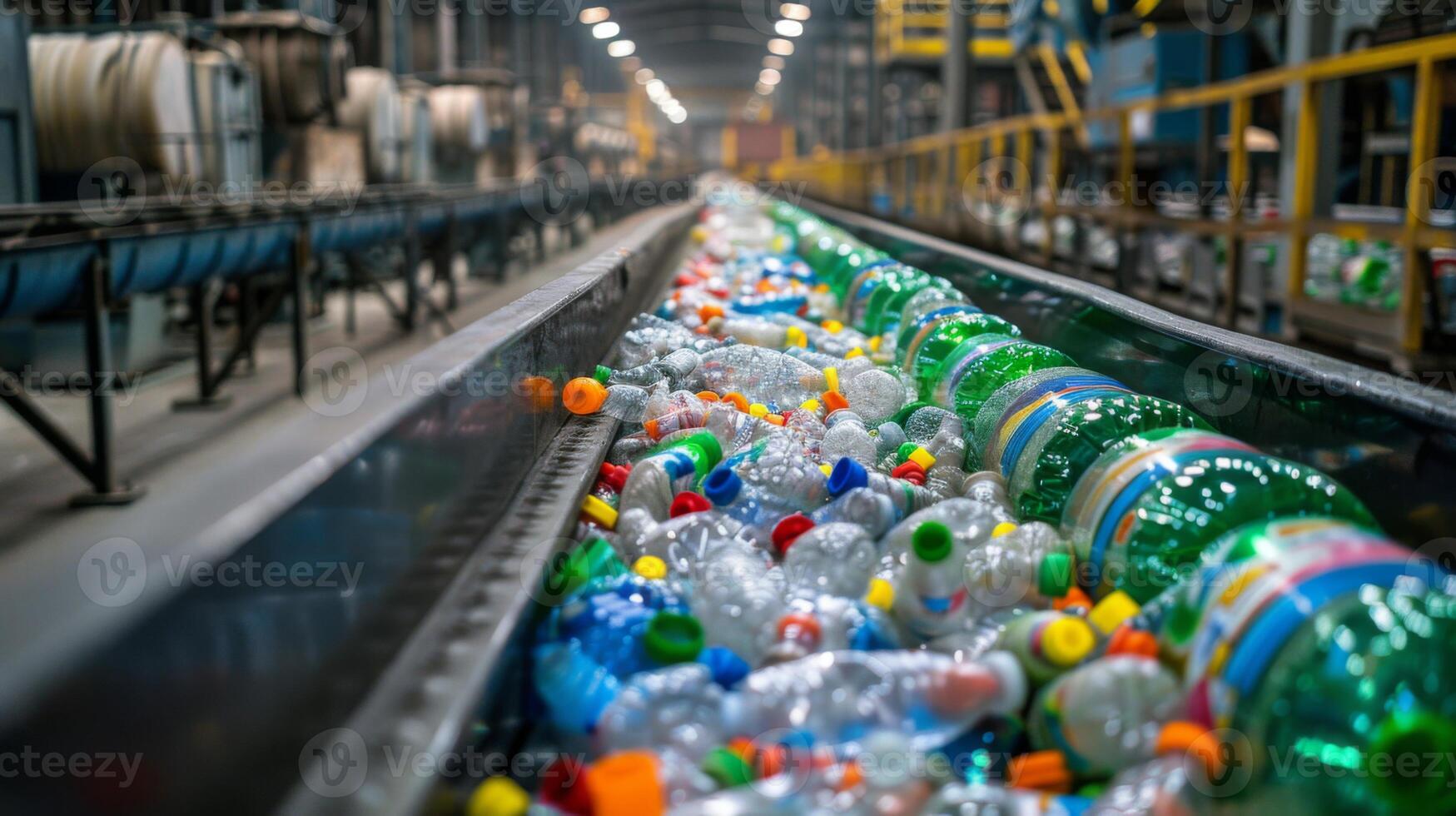 A conveyor belt in a recycling facility carries an array of plastic bottles and containers, highlighting the importance of waste management in the industrial process. photo