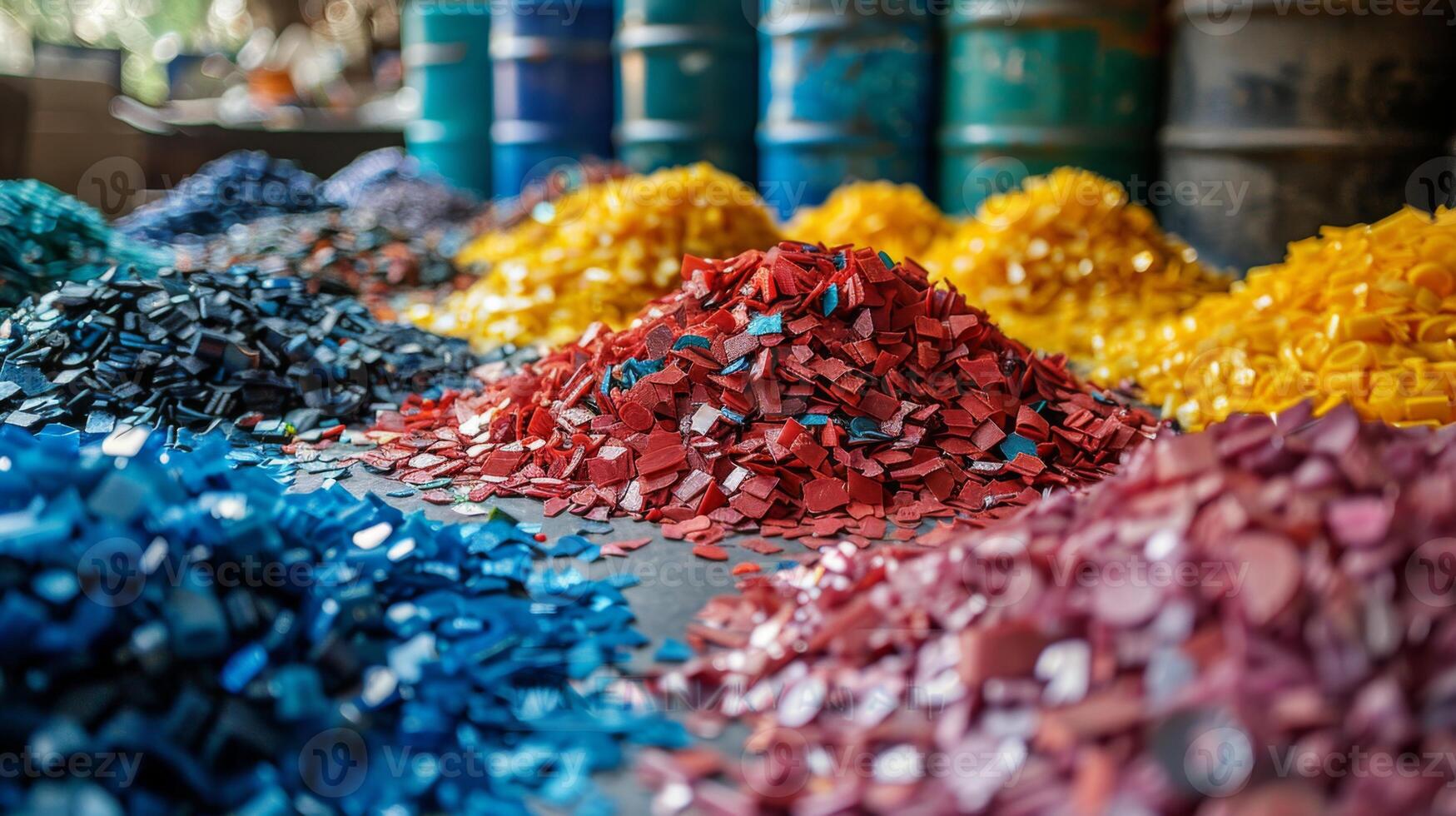 Brightly colored piles of recycled plastic granules are arranged in an industrial workshop, showcasing various colors in afternoon light, highlighting sustainability efforts in manufacturing. photo