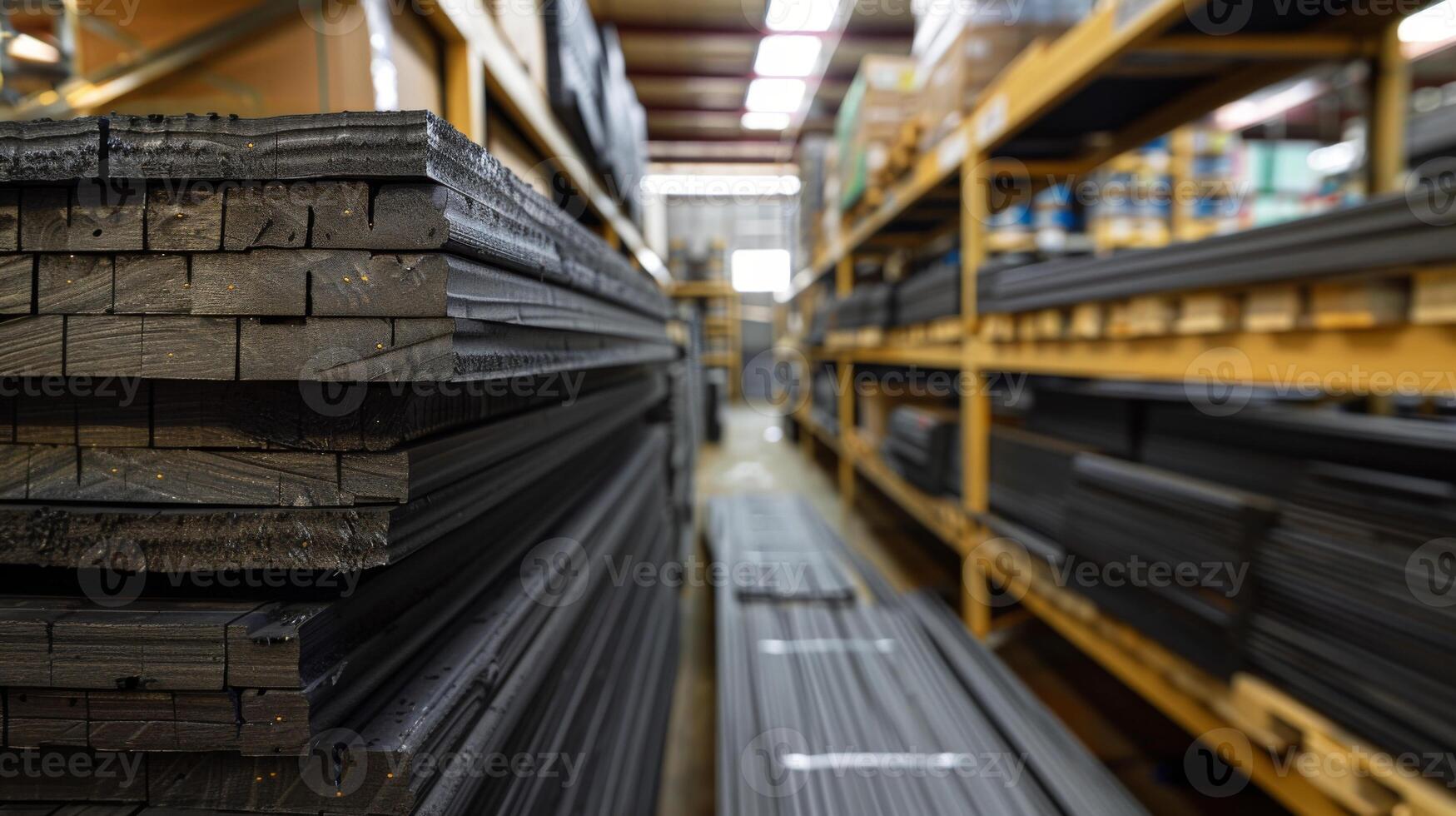 Neatly stacked dark wooden planks fill a spacious warehouse aisle. Shelving units line the walls, displaying various materials and tools, creating a busy yet organized environment. photo