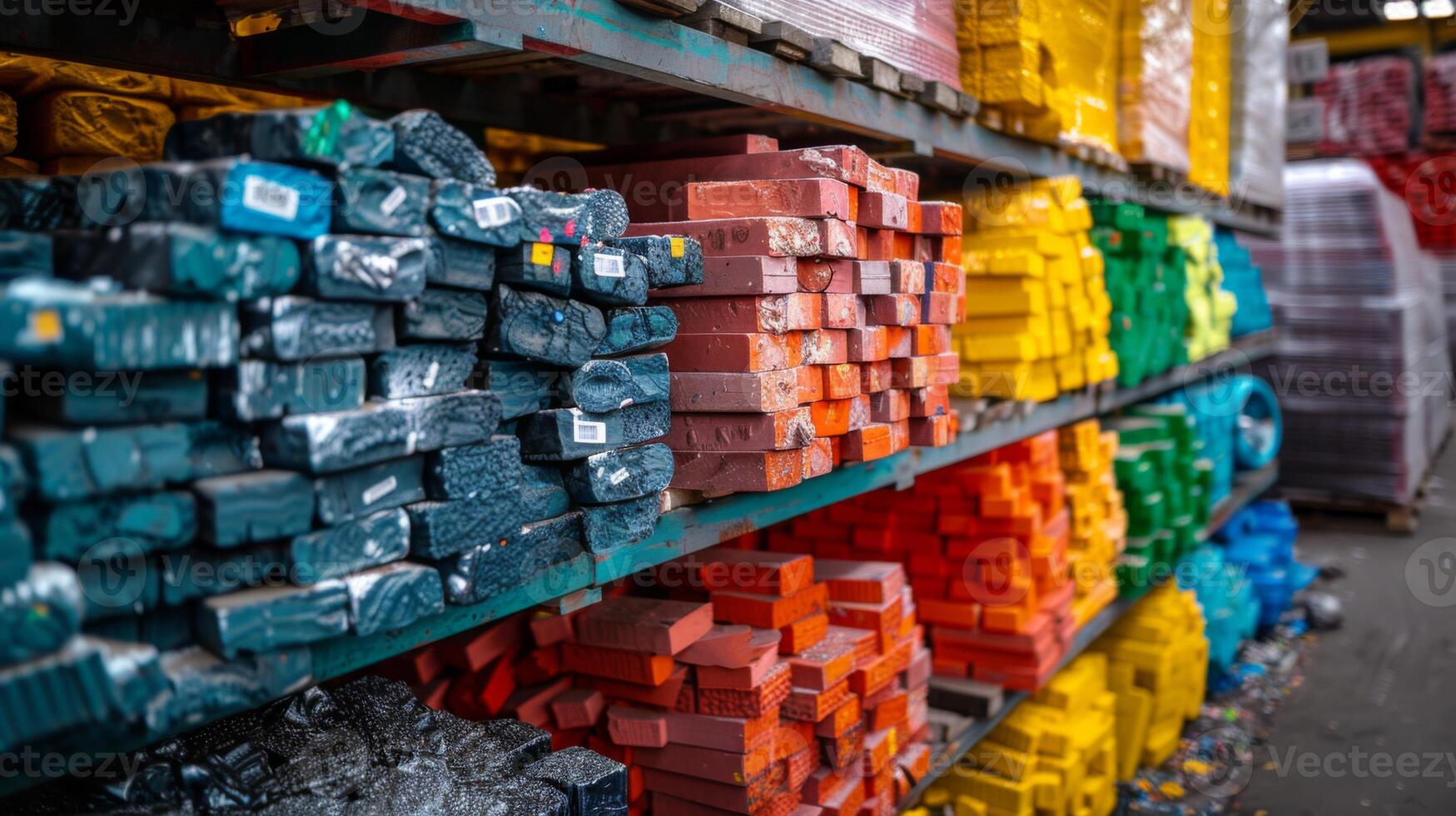 Brightly colored blocks of building materials are neatly arranged on shelves in a construction supply warehouse, showcasing shades of blue, green, red, and yellow under natural light. photo