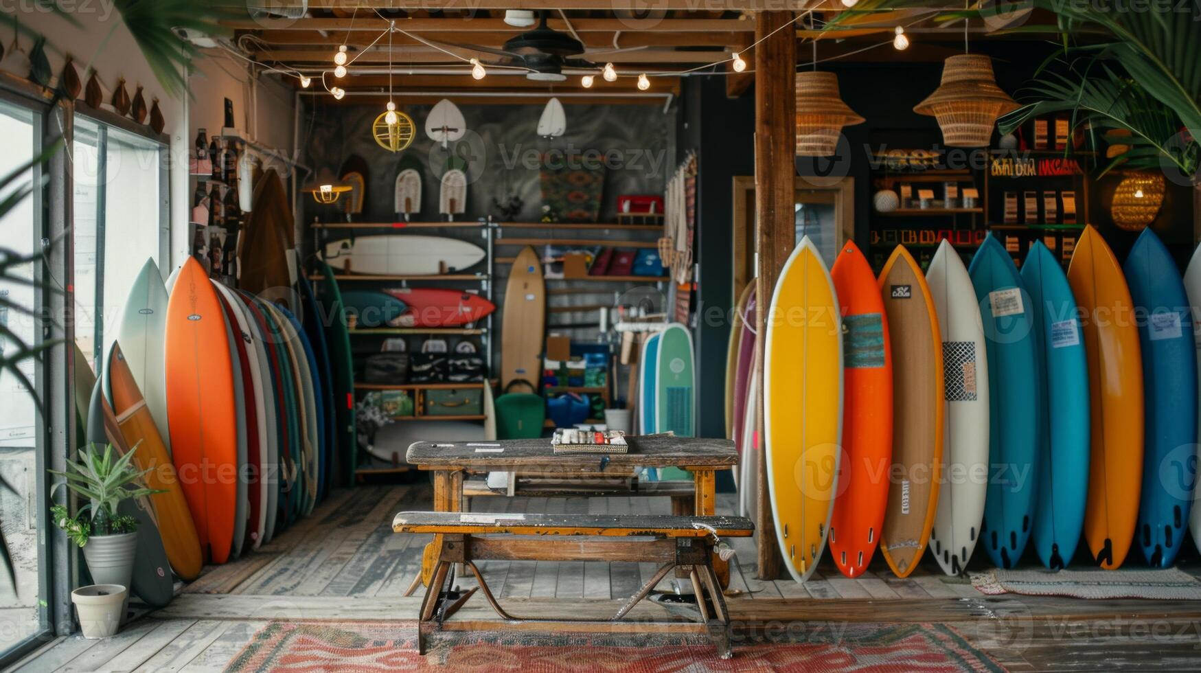 A lively surf shop showcases an array of colorful surfboards neatly arranged along the walls. Cozy seating areas invite visitors to relax and browse various surfing essentials. photo