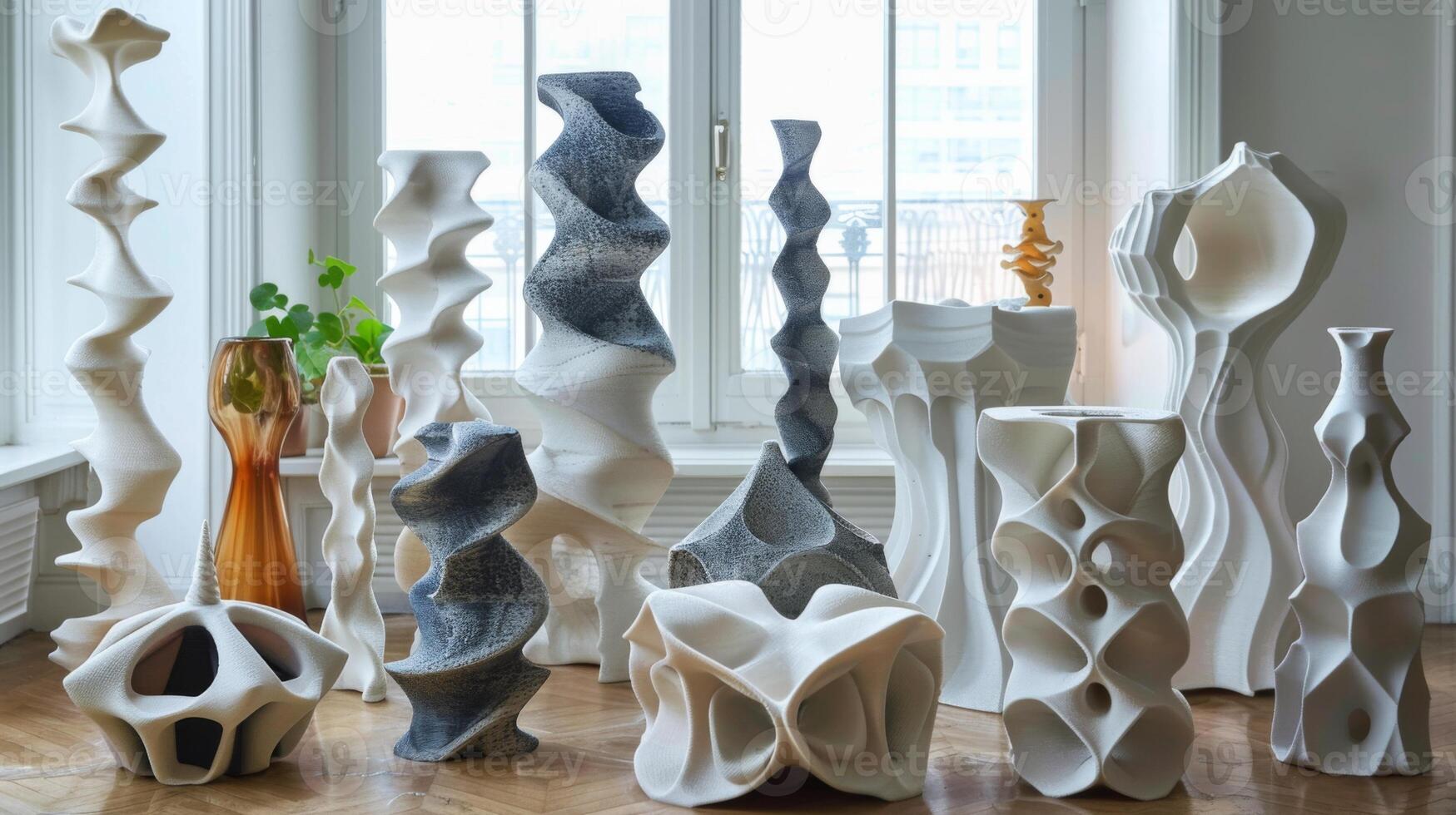 Various uniquely shaped vases in white, gray, and orange colors stand in a spacious gallery. Natural light streams through large windows, highlighting their intricate designs. photo
