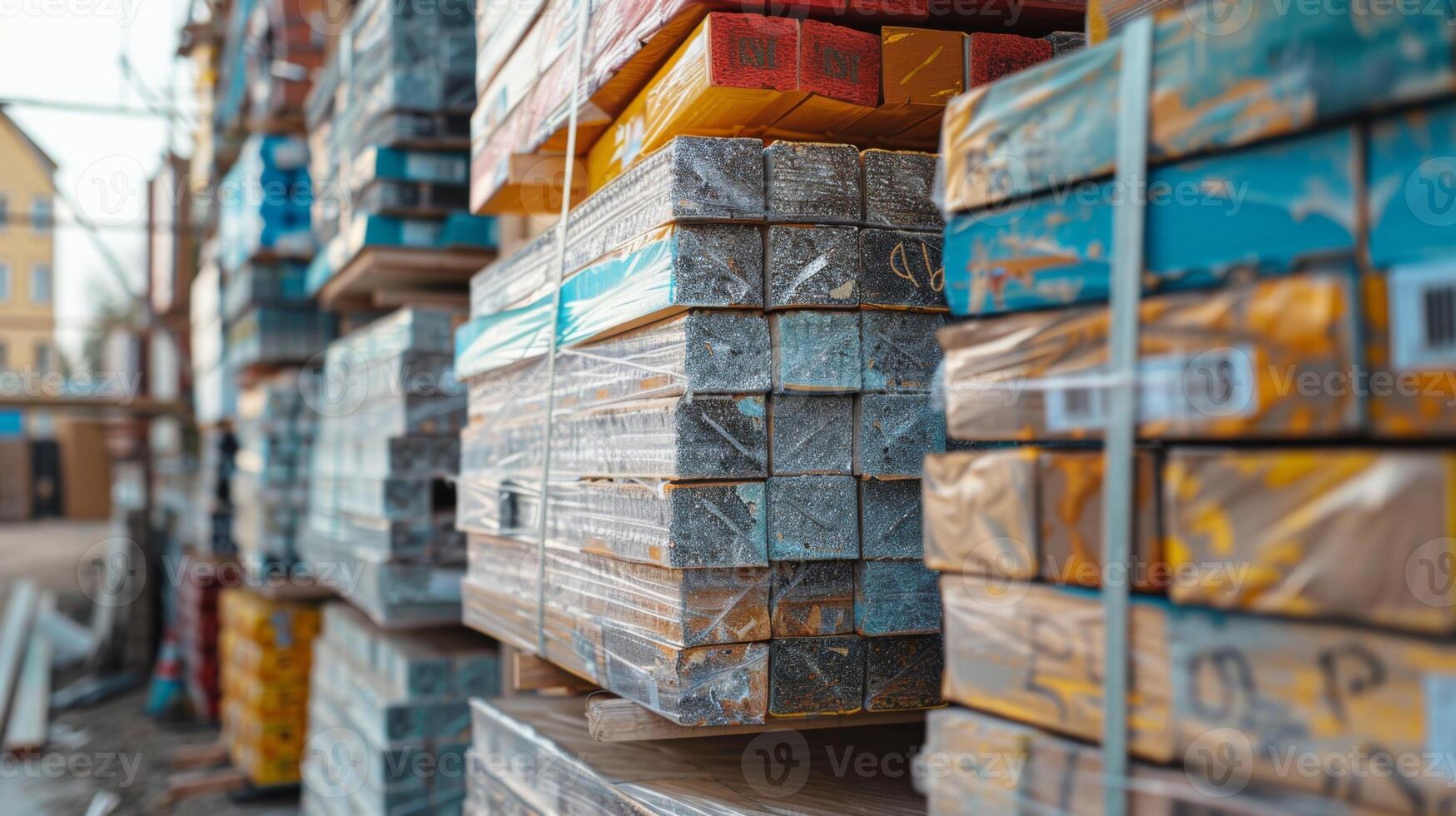 Colorful stacks of construction materials are organized at a bustling industrial site under a clear sky, showcasing the activity and preparation for ongoing projects. photo