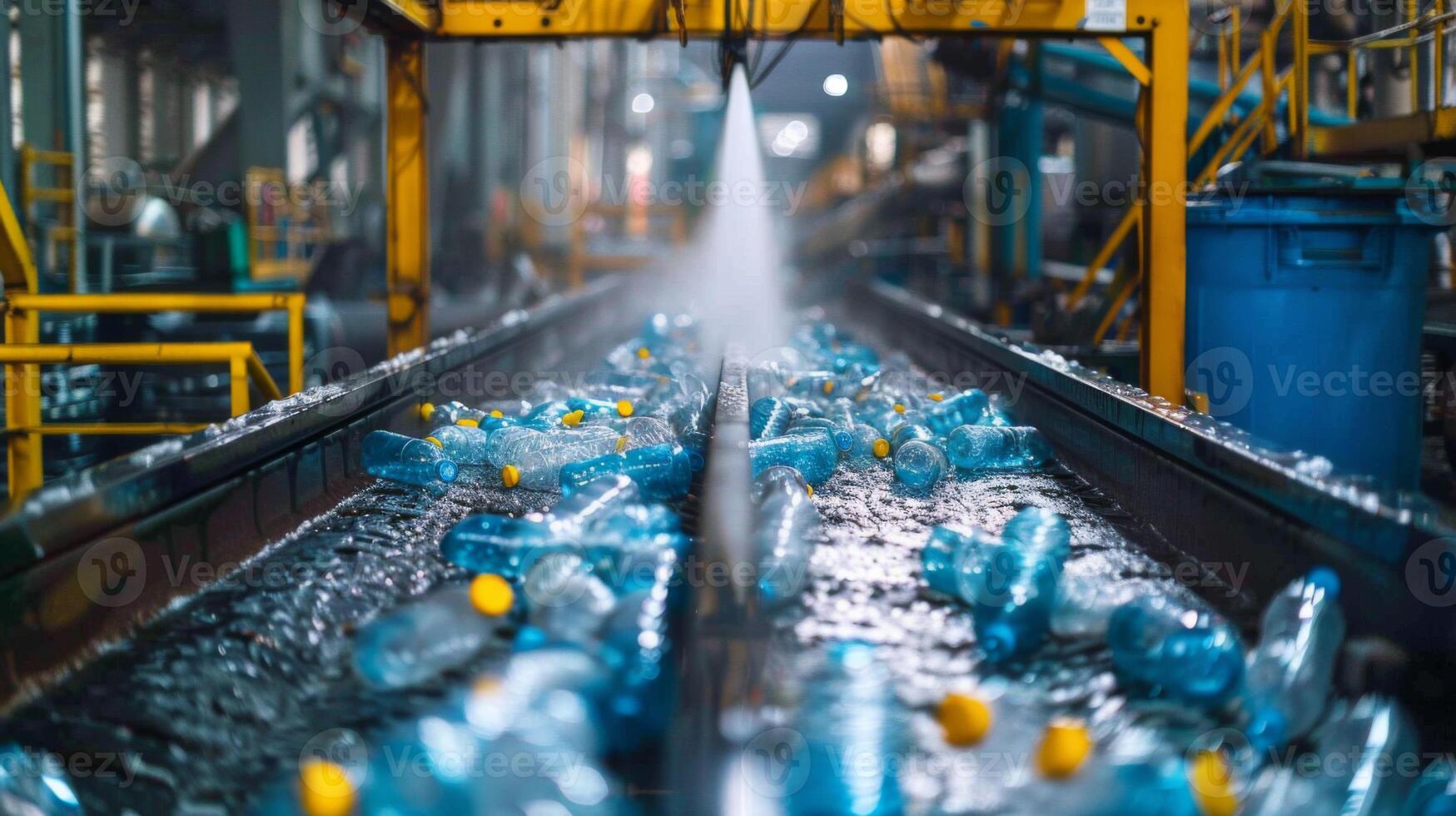 Bottles are moving along a conveyor belt in a recycling facility where they are being thoroughly washed to prepare for the recycling process, showcasing an effort for environmental sustainability. photo