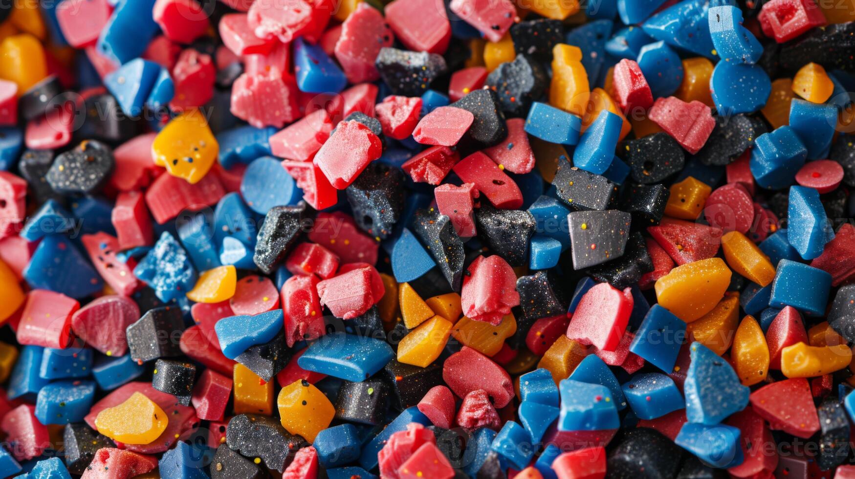 Close up view of vibrant plastic pellets arranged in various colors such as red, blue, yellow, and black. These raw materials are essential for manufacturing different plastic products. photo