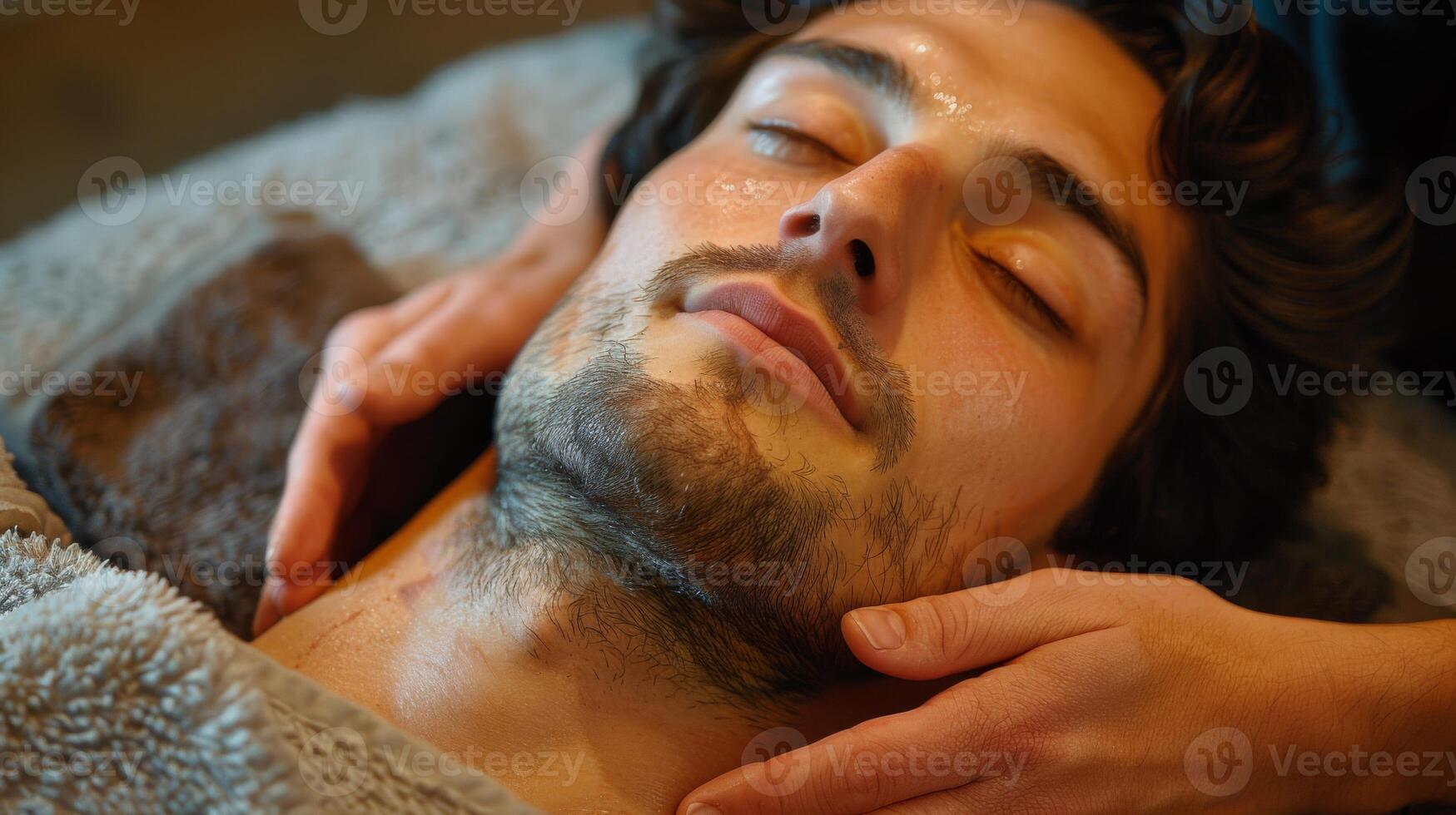 A man receives a facial treatment, his eyes closed and expression calm, while hands gently massage his face in a peaceful environment, enhancing relaxation and self care. photo