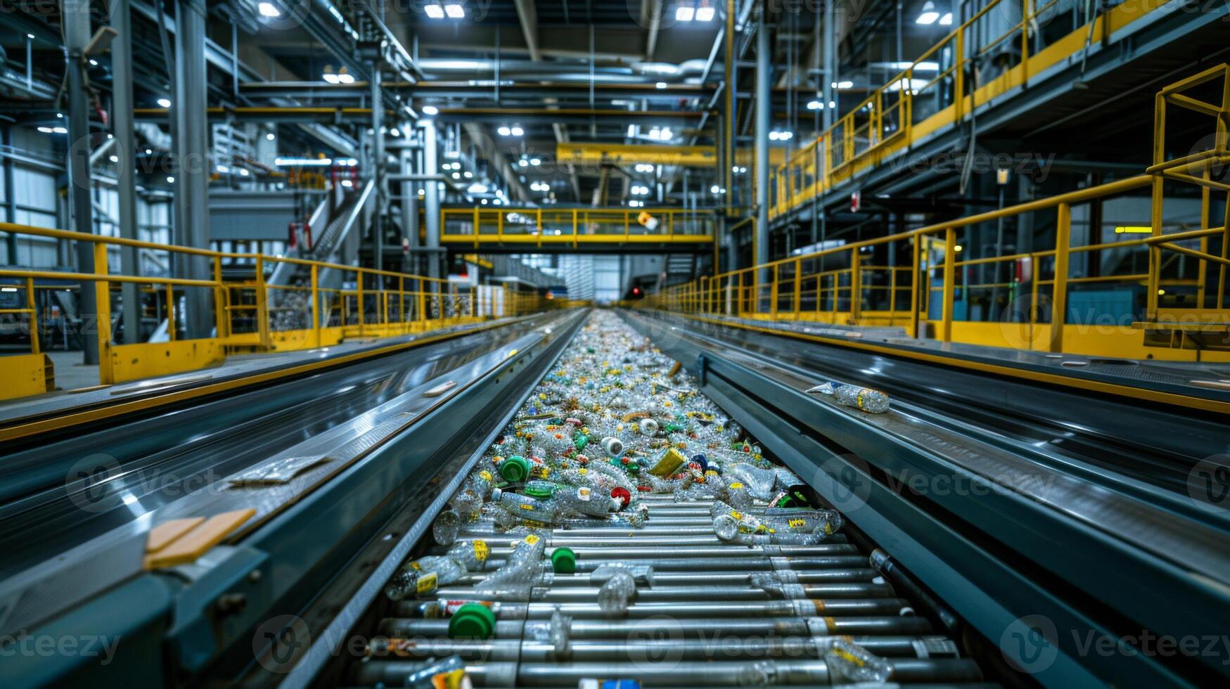 Conveyor belt transports a large amount of plastic bottles through a recycling facility in an expansive warehouse, filled with equipment and workers during daylight hours. photo
