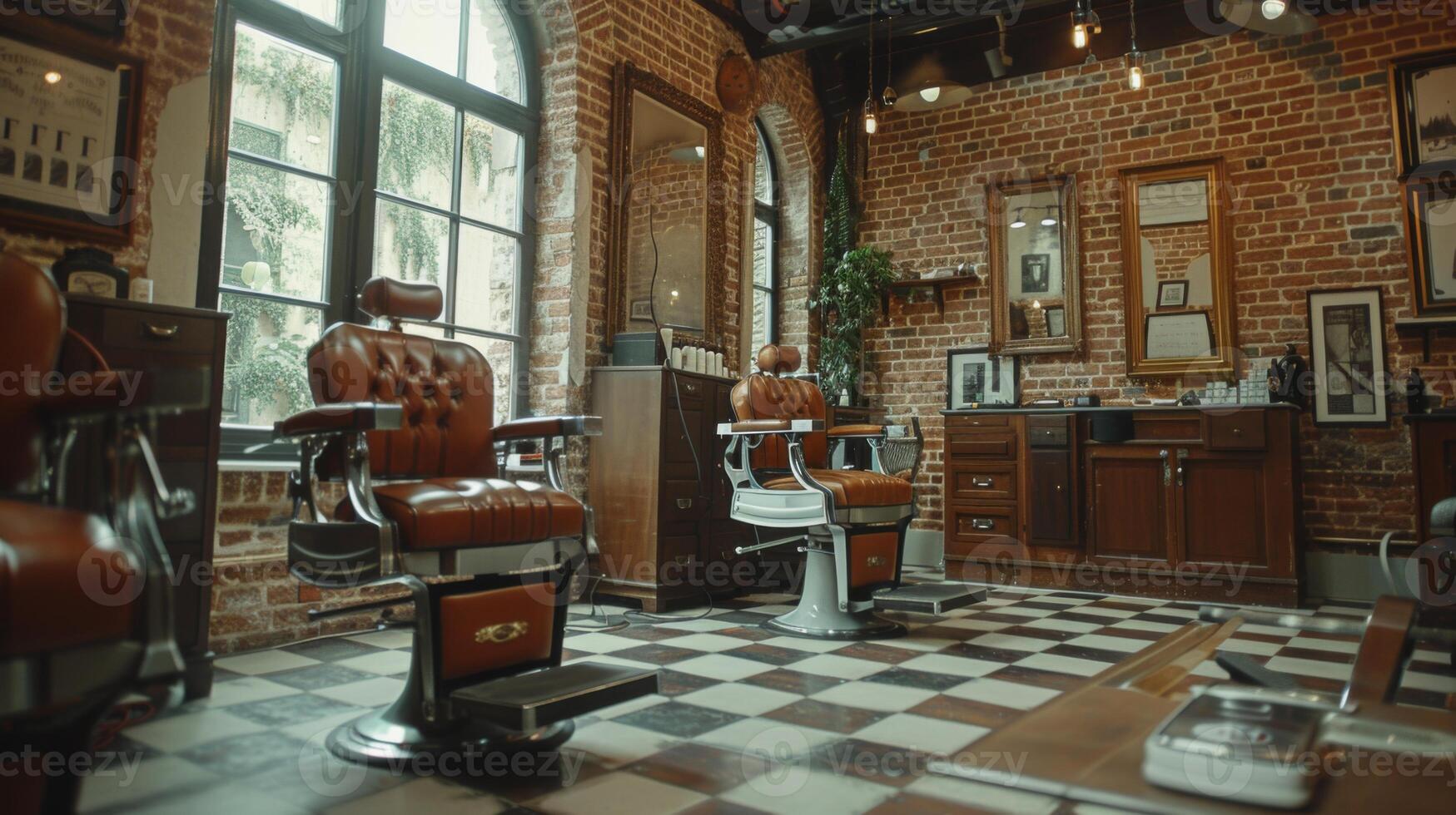 Classic barber shop features leather chairs, a rustic brick wall, and stylish decor creating a cozy atmosphere for grooming and socializing. photo
