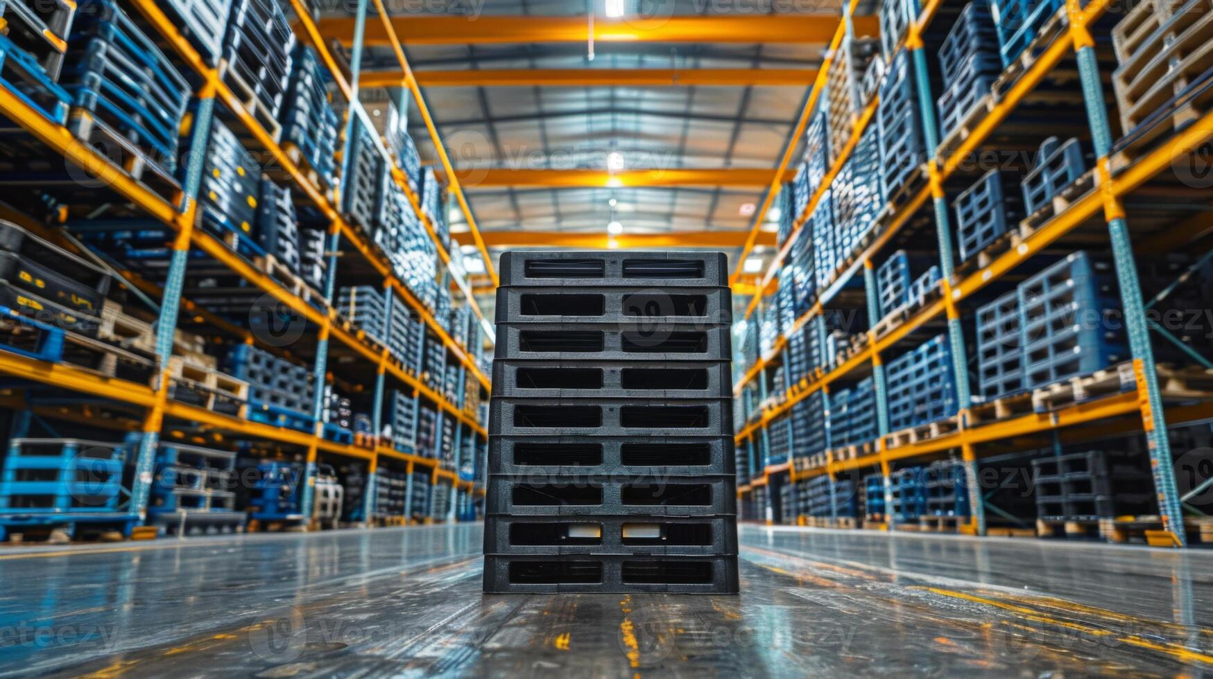 Black pallets are stacked neatly in a warehouse filled with tall shelving units. The bright interior lighting highlights the organization of storage, emphasizing logistics operations. photo