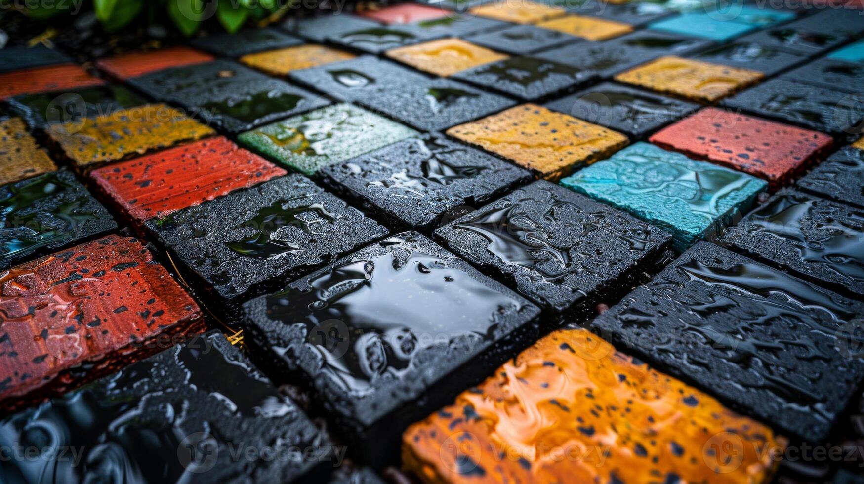 Brightly colored tiles are illuminated by soft light as they reflect water droplets on a rainy day, enhancing the beauty of the surrounding greenery. photo