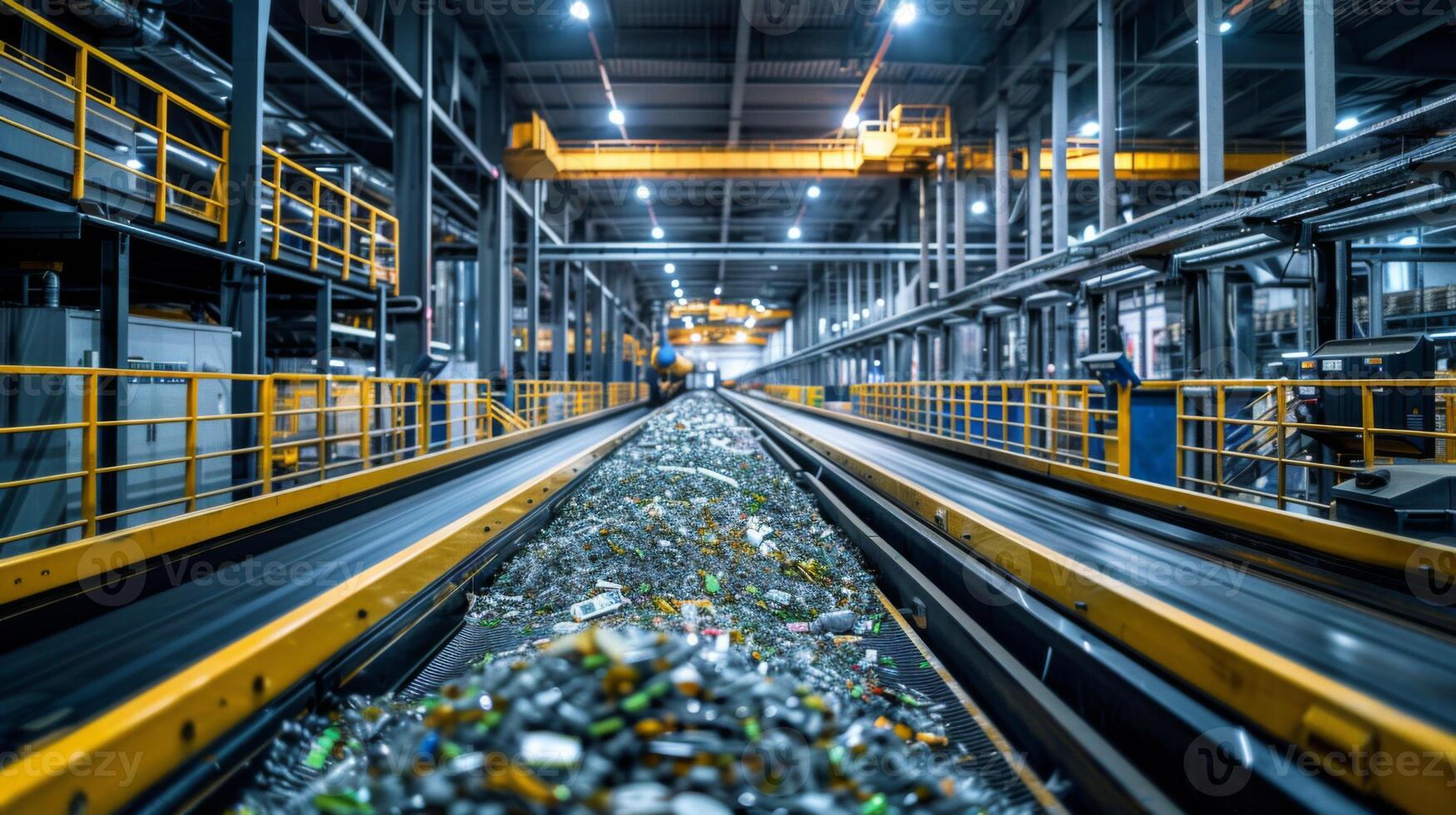 A busy recycling facility displays a conveyor system filled with glass and plastic waste, showcasing the process of sorting and recycling materials under bright lighting. photo