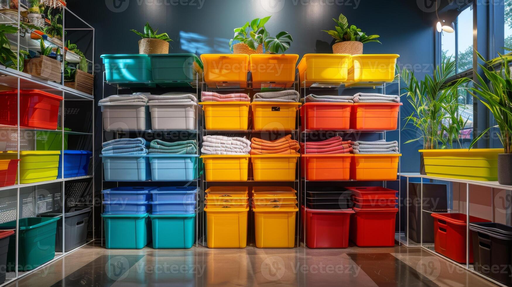 Brightly colored storage bins and neatly folded towels create an organized and inviting atmosphere. Potted plants add natural beauty to this well arranged setting. photo