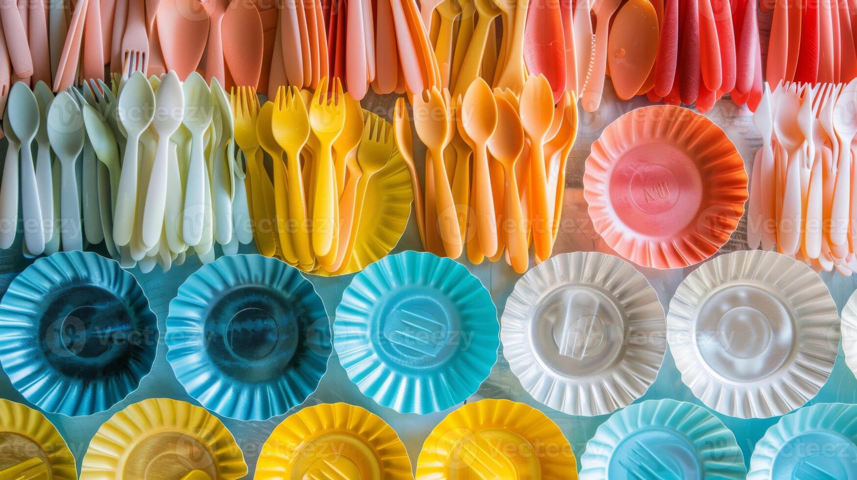 A collection of bright and colorful disposable cutlery and plates is artistically arranged in neat rows. photo