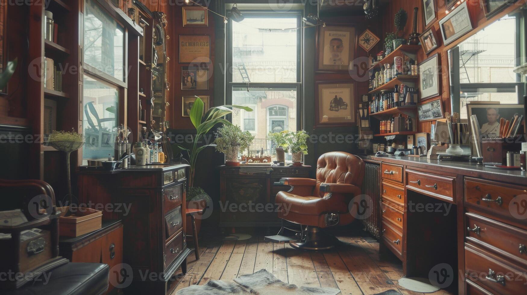 A charming barbershop features wooden furnishings, retro styling, and a leather chair, creating a welcoming environment for grooming. Natural light illuminates greenery. photo