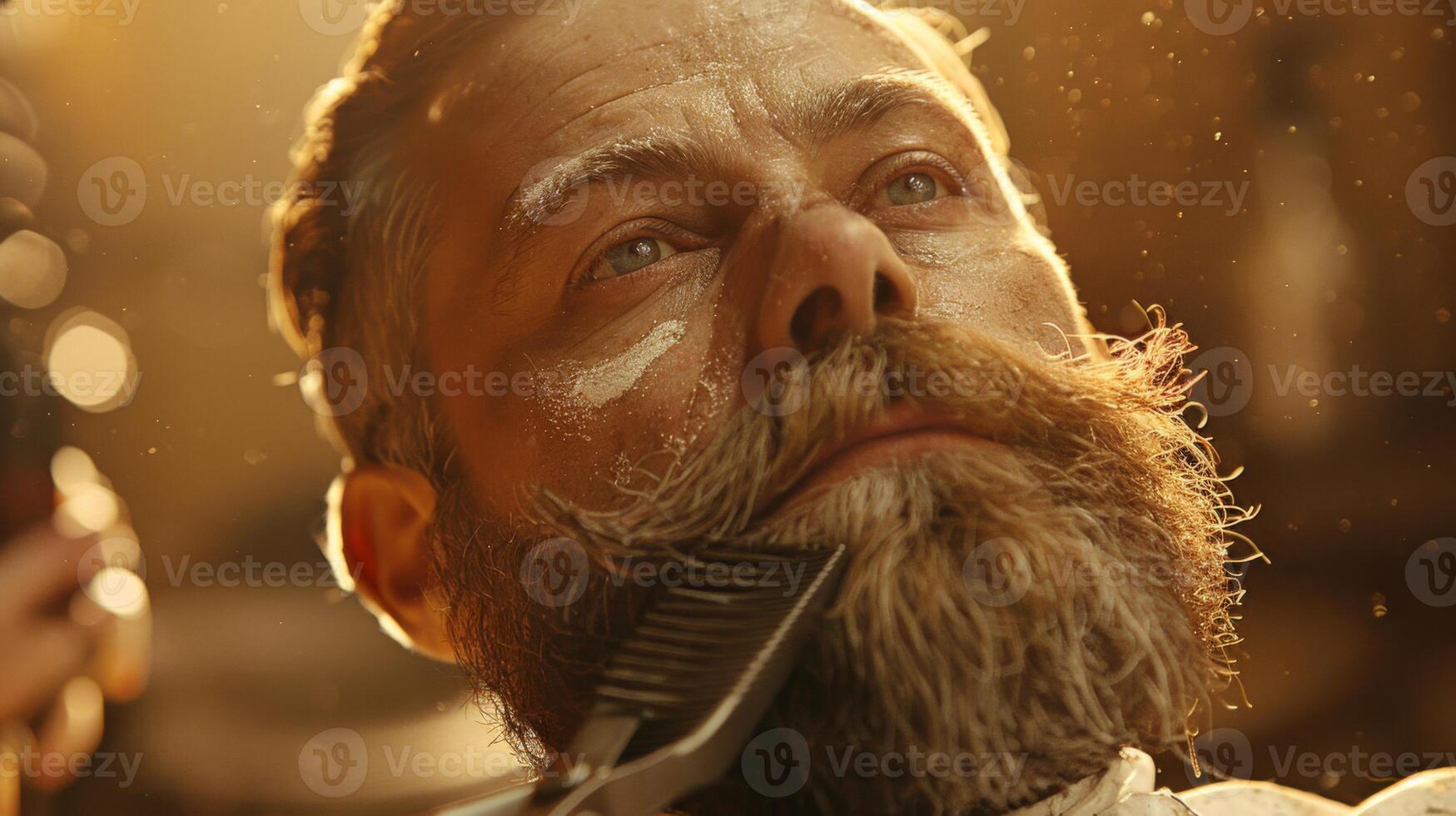 A man enjoys a meticulous beard grooming session at a barbershop, illuminated by warm golden light, creating a relaxed and inviting environment. photo