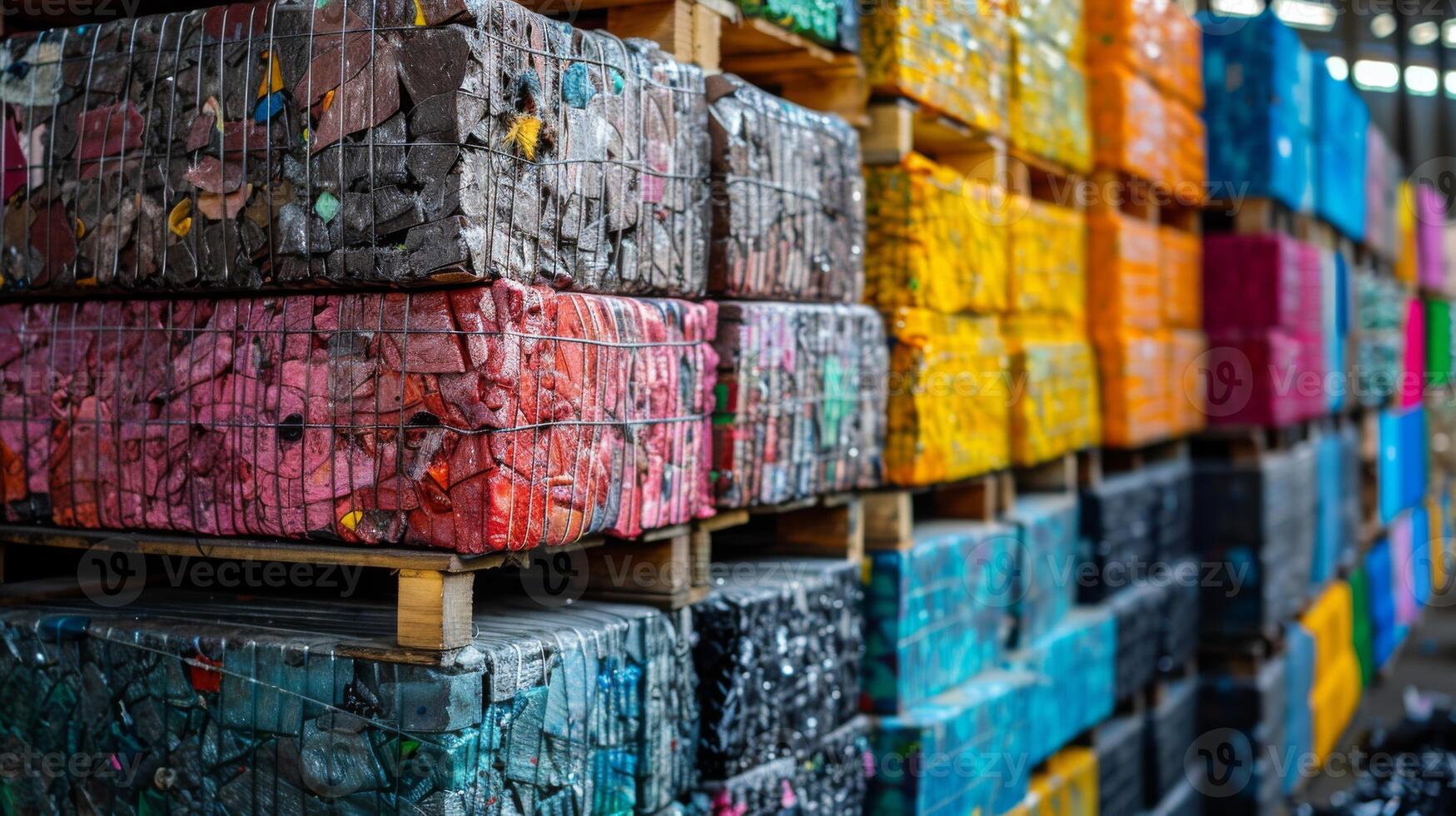 A vibrant display of recycled plastic blocks stacked on pallets in a storage facility emphasizes the importance of sustainability and recycling efforts. Different colors of plastics are visible. photo
