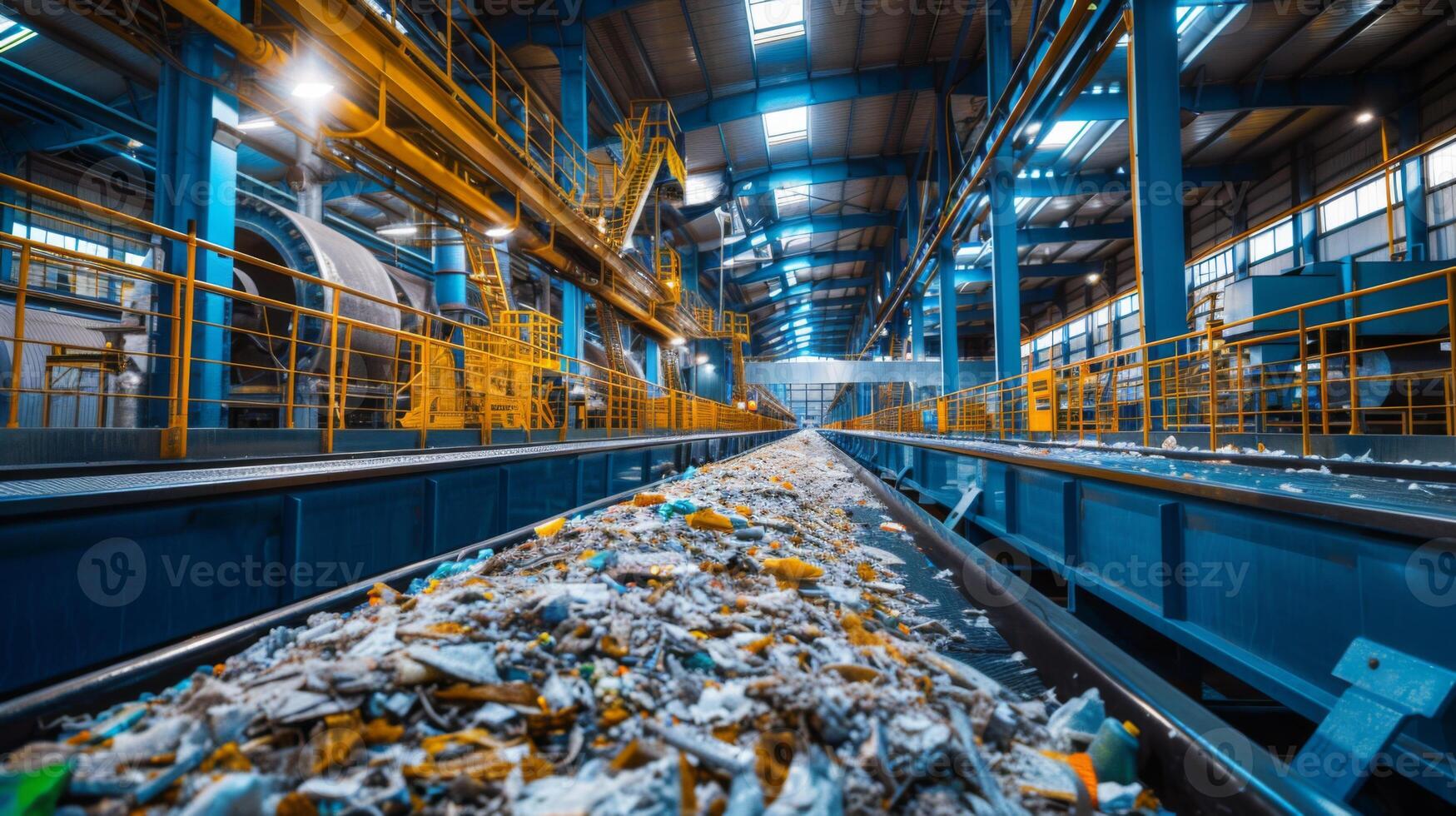 A vast industrial facility shows a conveyor belt loaded with mixed recyclable materials. Bright overhead lights illuminate the space, enhancing the vibrant colors of sorted waste. photo