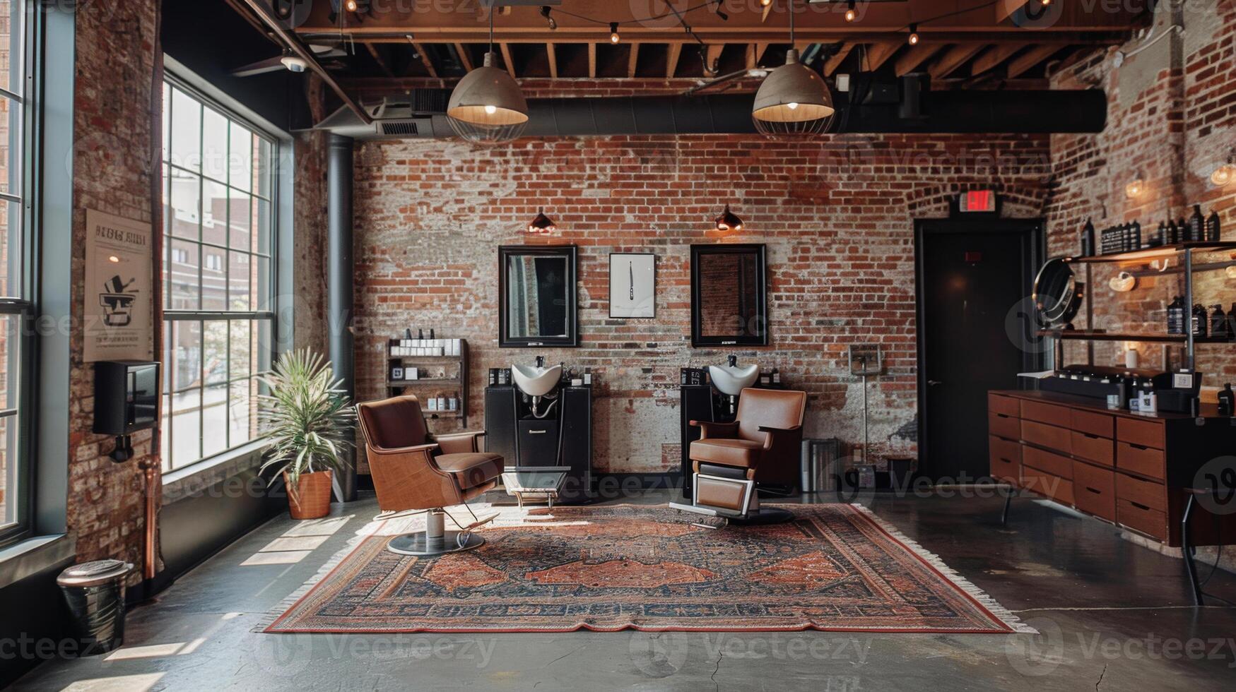A stylish barber shop showcases exposed brick walls, vintage chairs, and warm lighting, creating a welcoming atmosphere for clients. Natural light enhances the comfortable space. photo