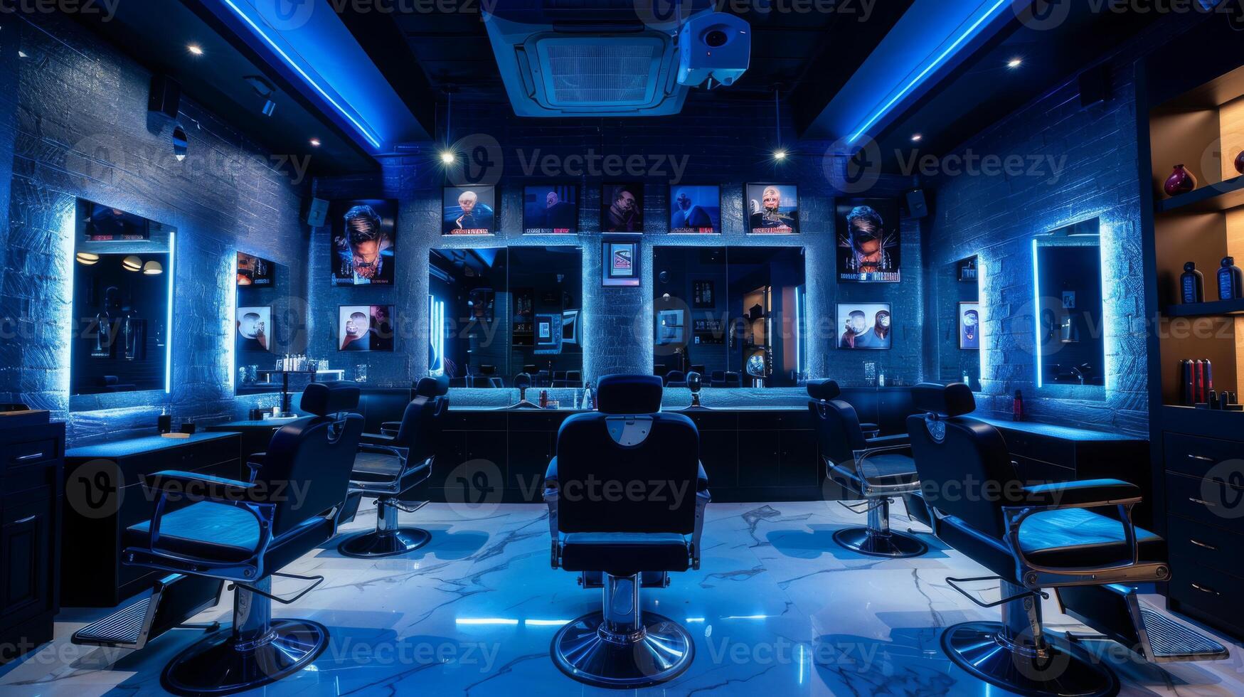 Unique barbershop interior showcasing modern styling chairs, illuminated mirrors, and a contemporary atmosphere filled with blue light and artwork on the walls. photo