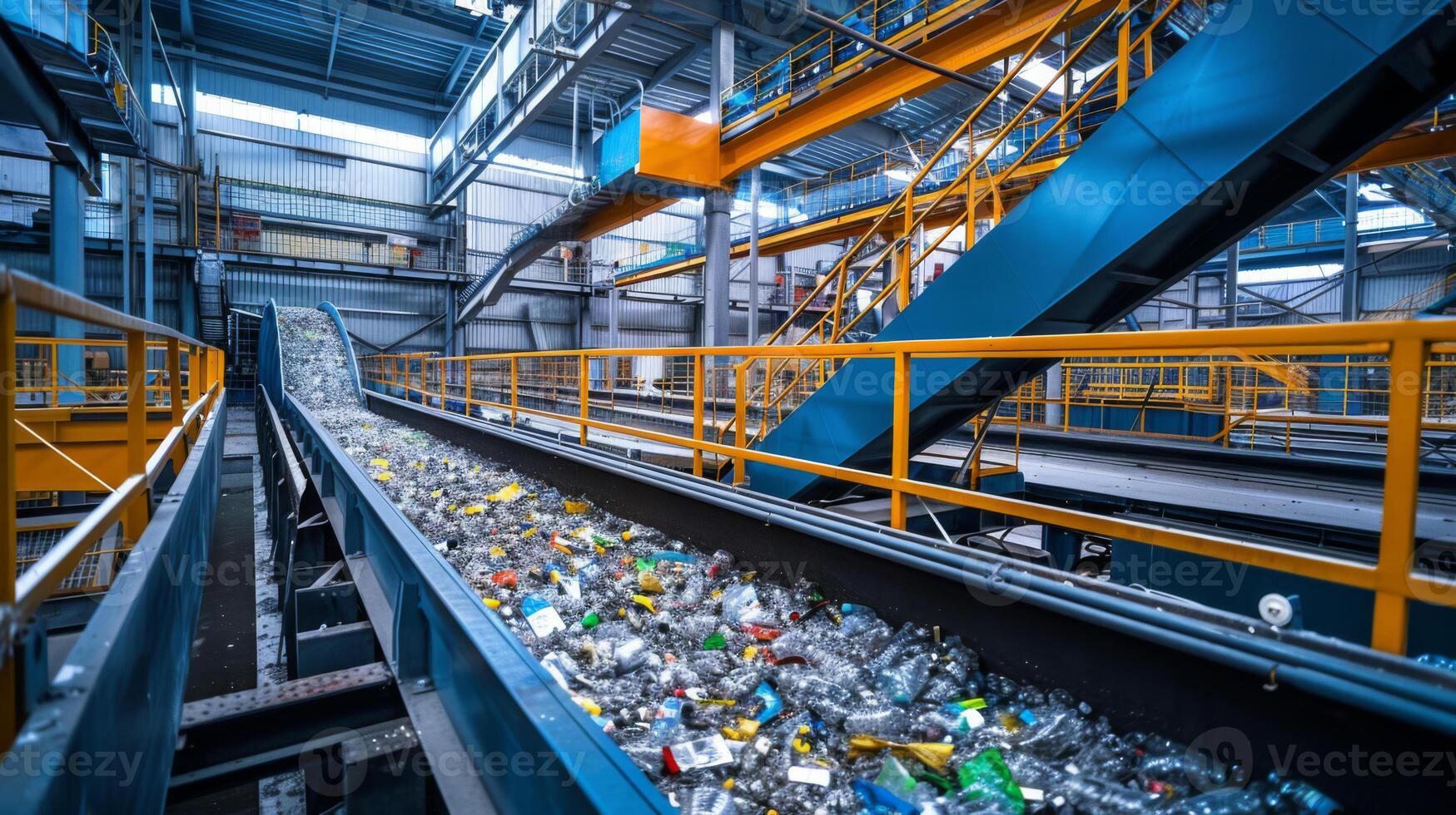 Conveyor belts transport various plastic containers in a recycling facility under bright industrial lighting, showcasing the sorting process of recyclable materials. photo