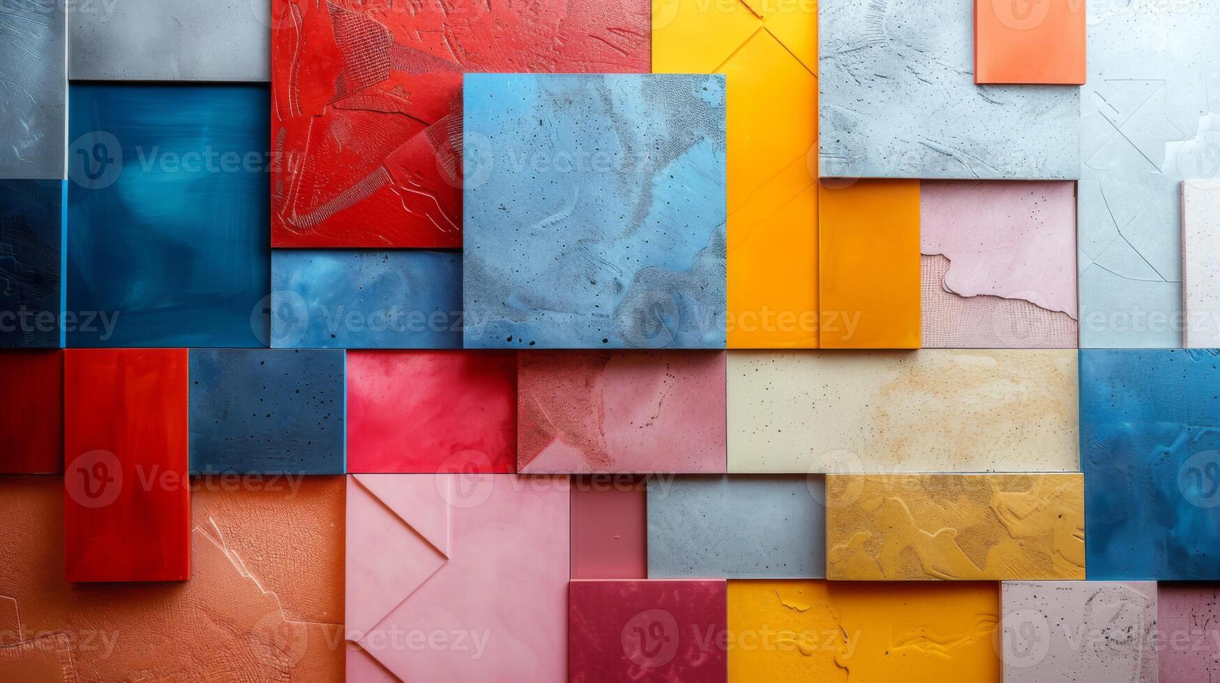Several colorful panels of different sizes and textures are arranged in an abstract pattern on a wall, showcasing a vibrant mix of materials and paint styles during daylight. photo