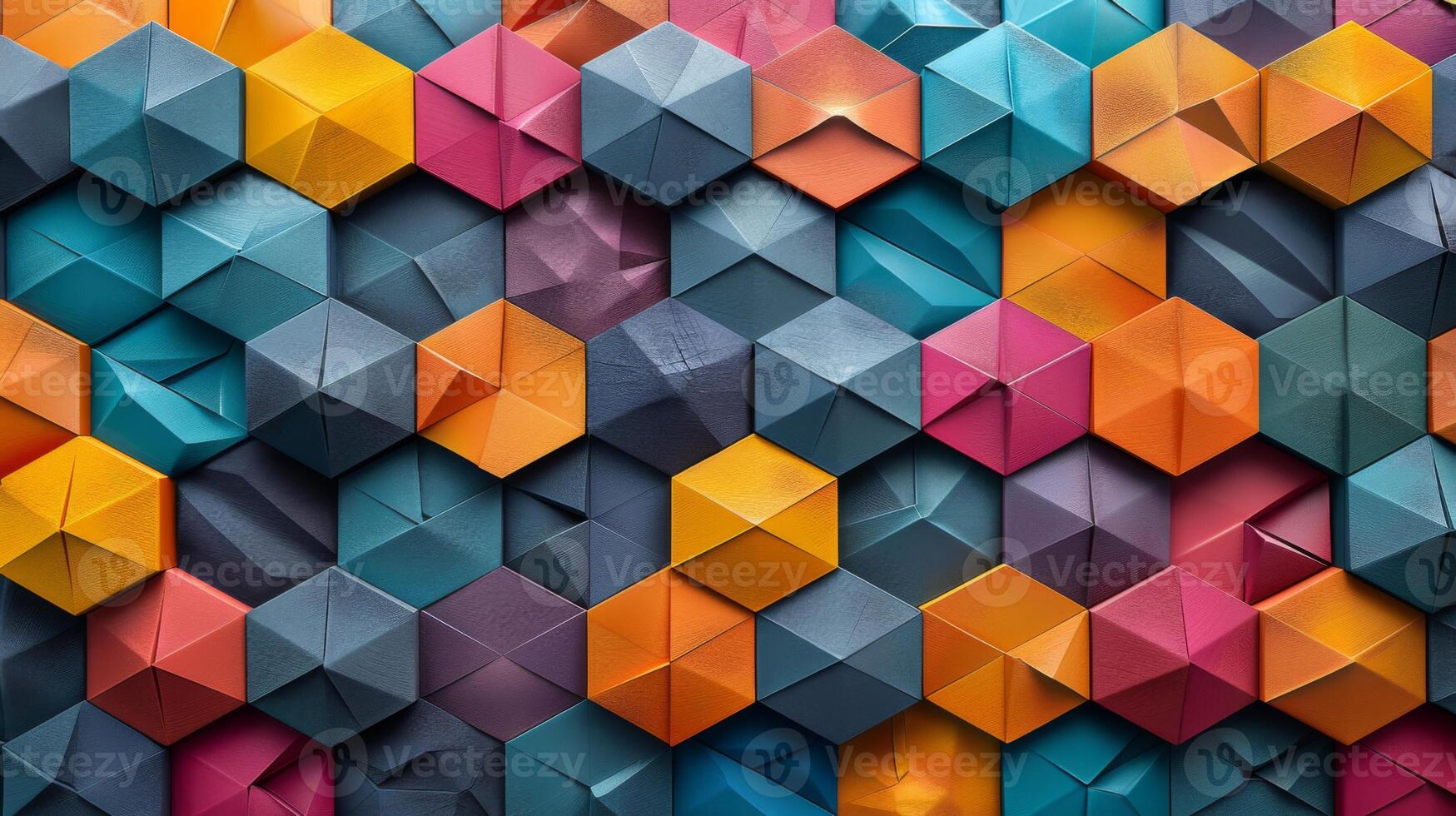 An artistic display showcases a vibrant collection of three dimensional paper shapes in various colors and patterns, creating a dynamic visual experience. photo