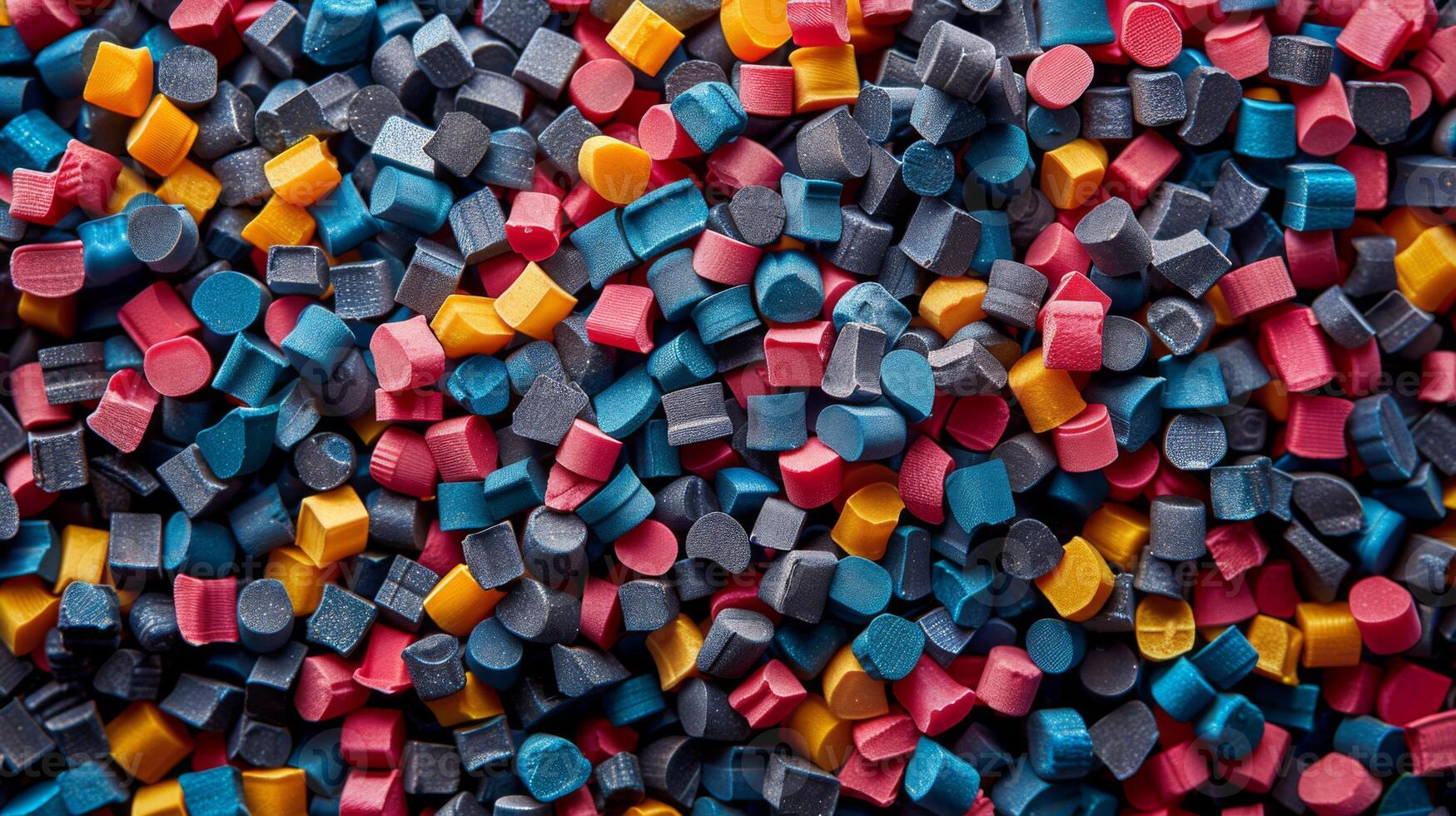 Various vibrant plastic pellets scattered on a surface, showcasing shades of red, blue, yellow, and black, typically utilized in production and recycling activities. photo