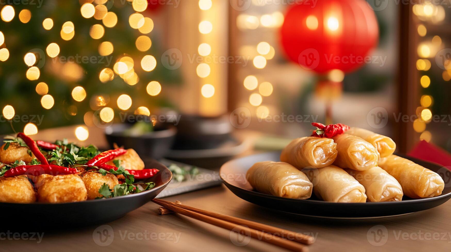 A beautifully arranged table with spring rolls and crispy snacks. photo