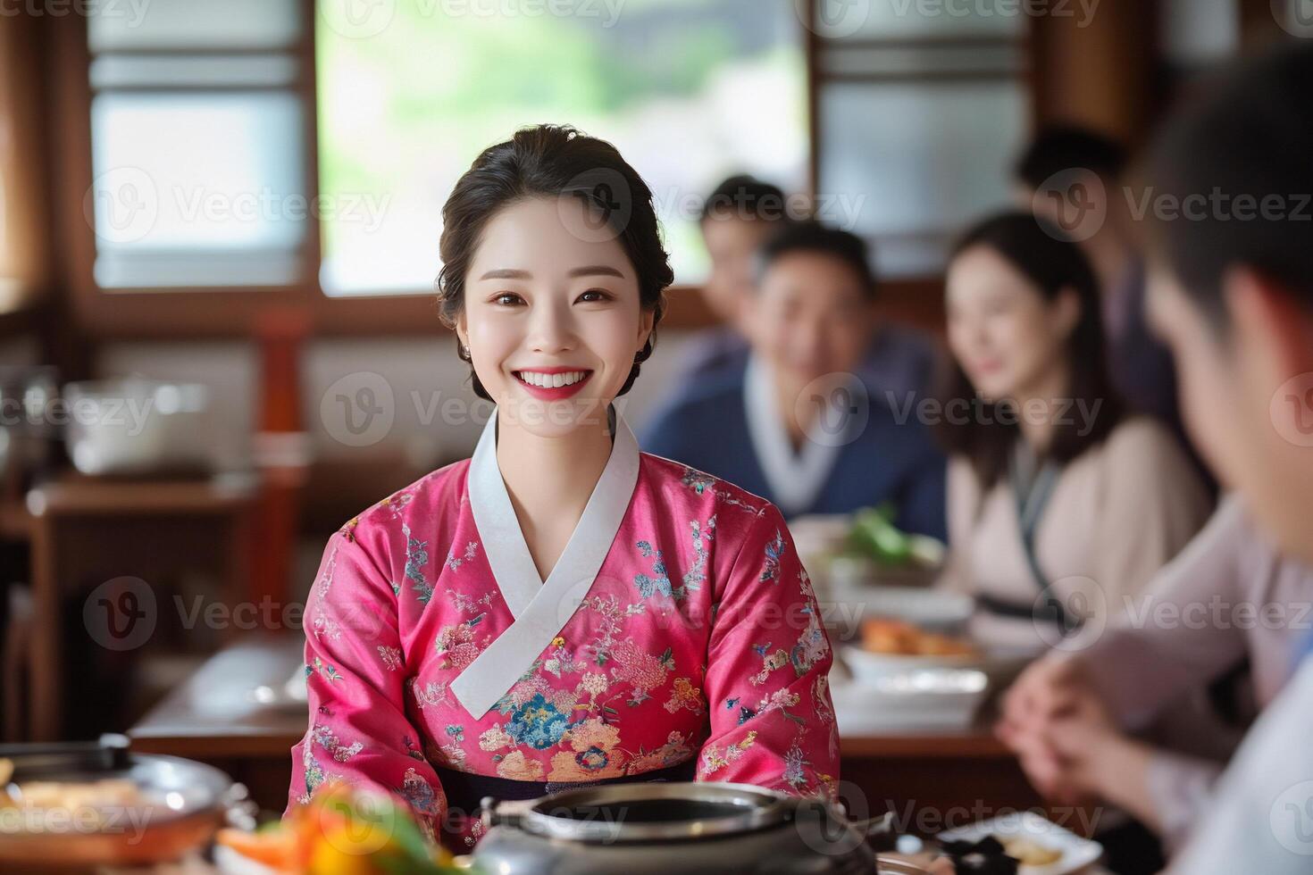 A woman in traditional attire smiles at a dining table with others. photo