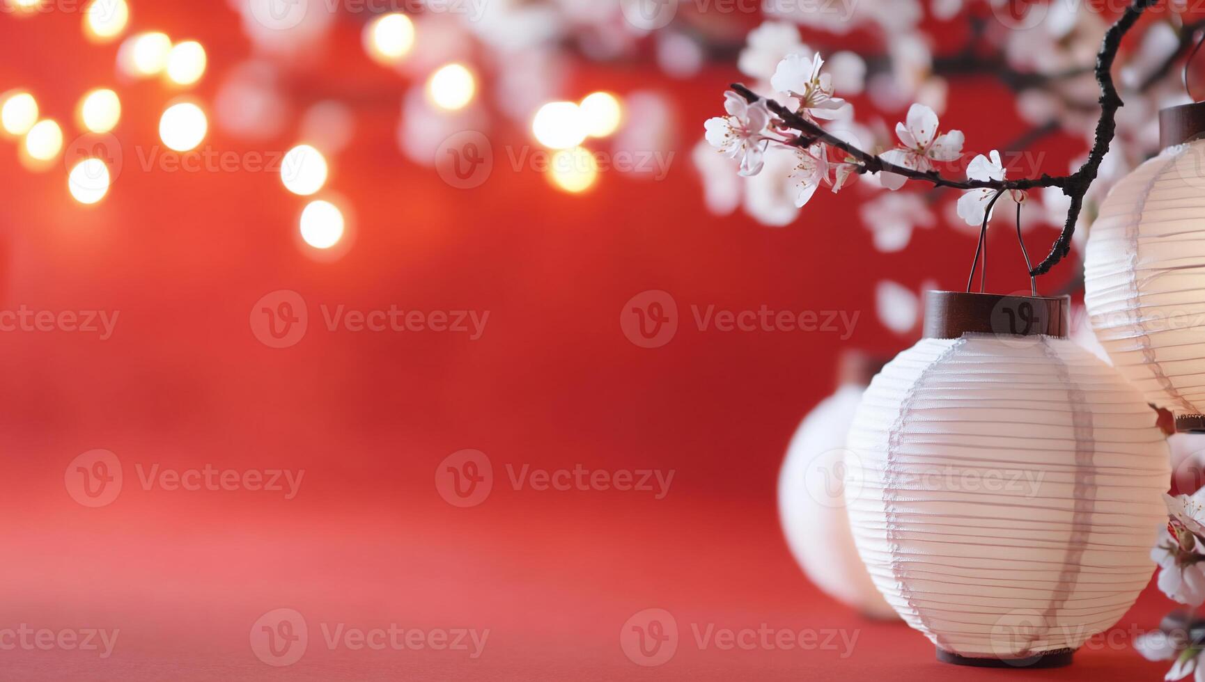 A serene scene featuring lanterns and cherry blossoms against a red backdrop. photo