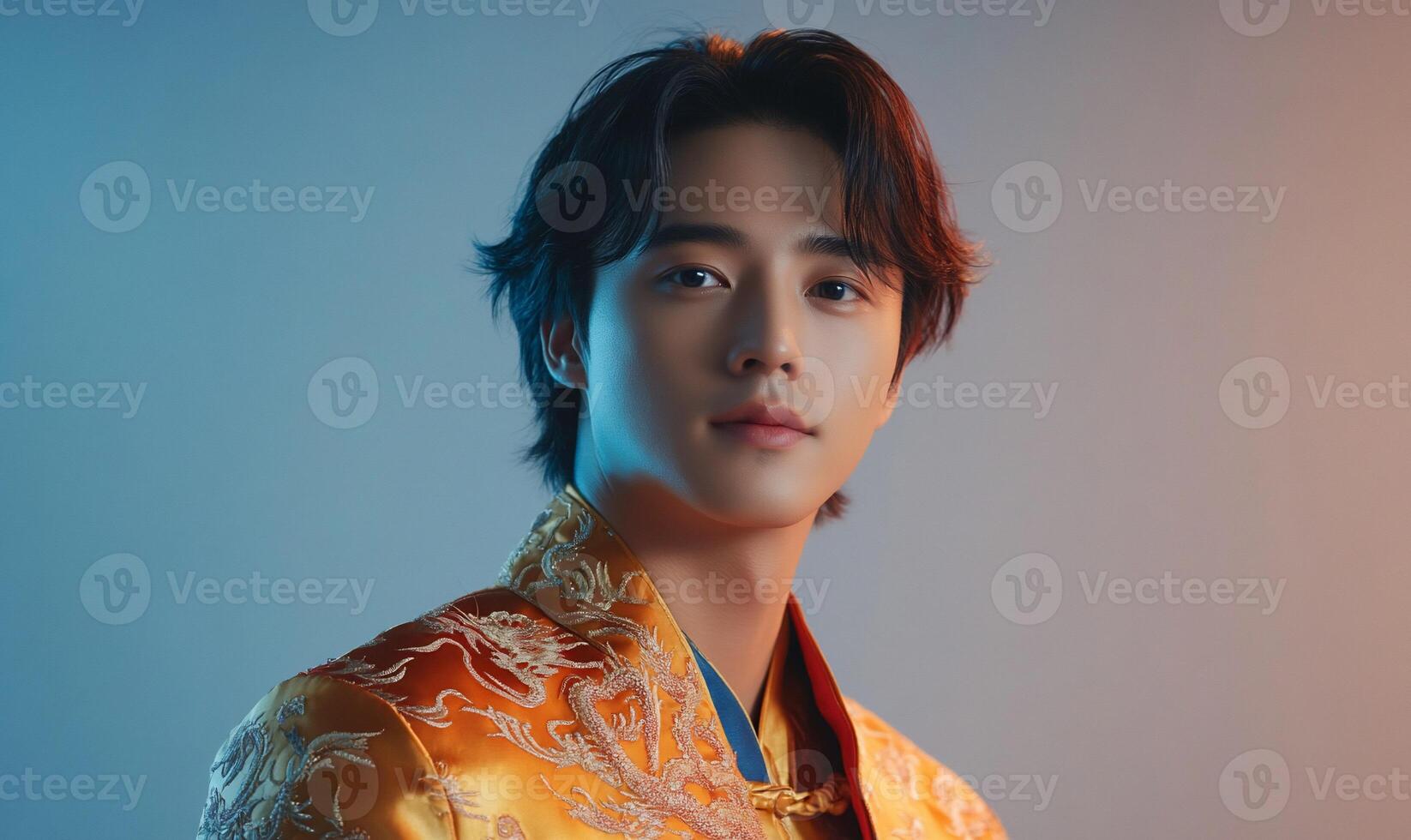 A young man in a traditional outfit poses against a colorful backdrop. photo